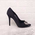 GUCCI BLACK SATIN PEEP TOTE HEELS WITH CRYSTAL FLORAL DETAIL - SIZE 9.5B