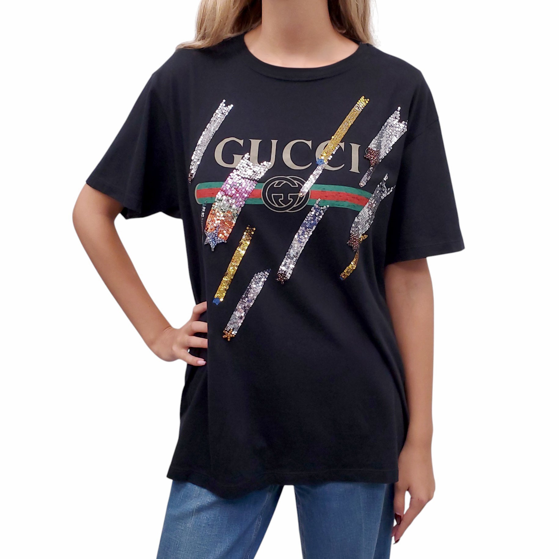 GUCCI LOGO TSHIRT WITH SEQUIN DETAILS - SIZE L