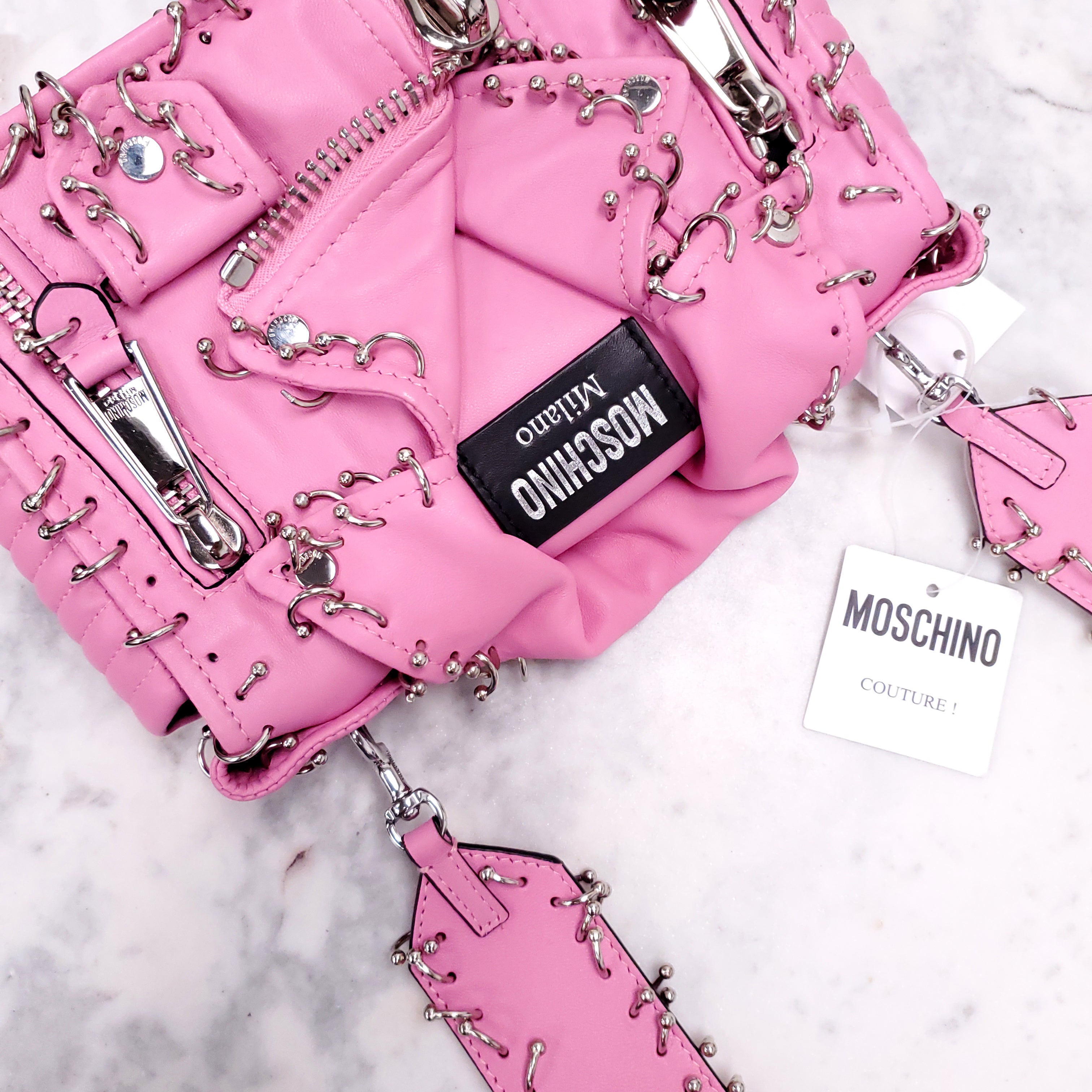 MOSCHINO PINK BIKER JACKET PIERCING SHOULDER BAG