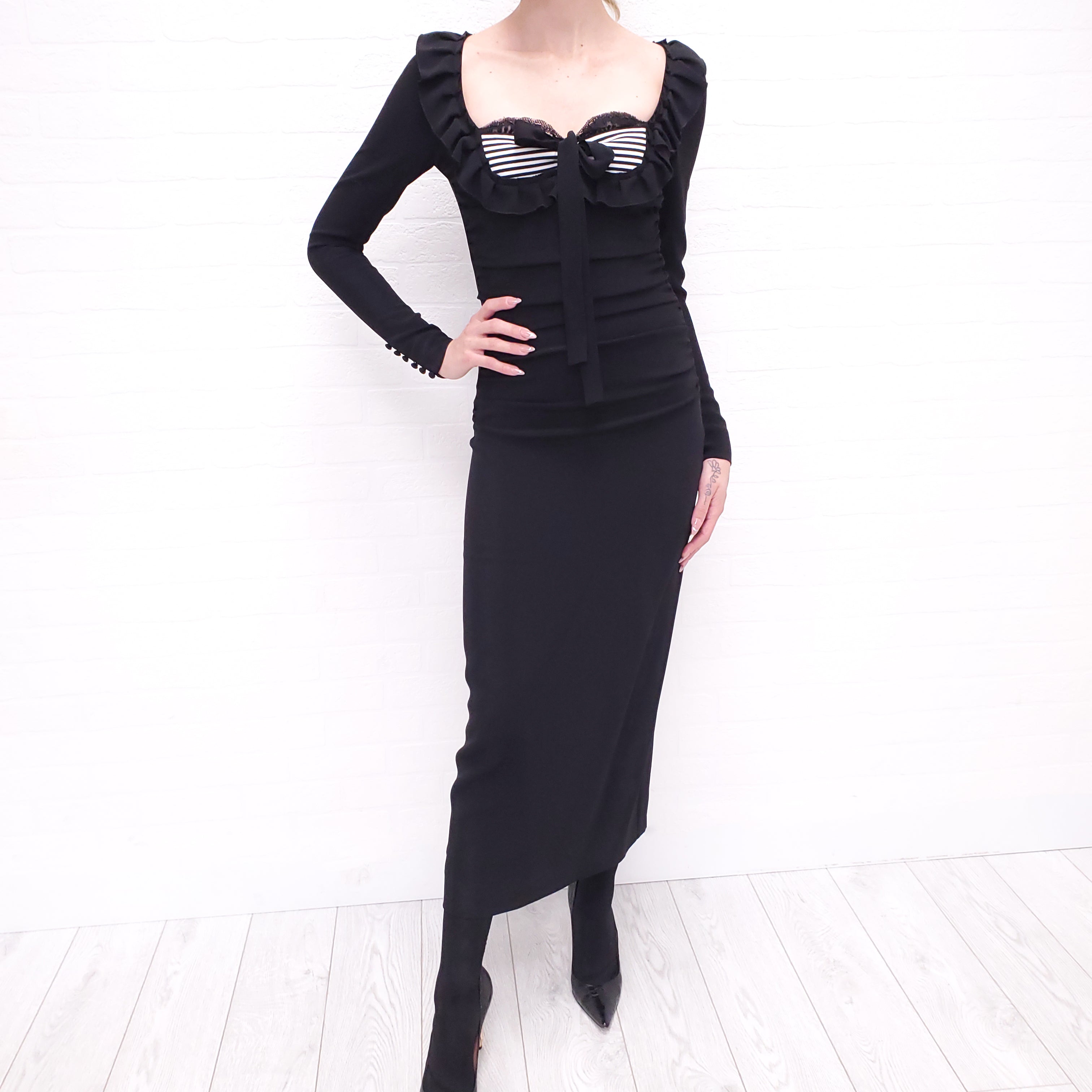 ALESSANDRA RICH BLACK DRESS WITH STRIPES - SIZE 0