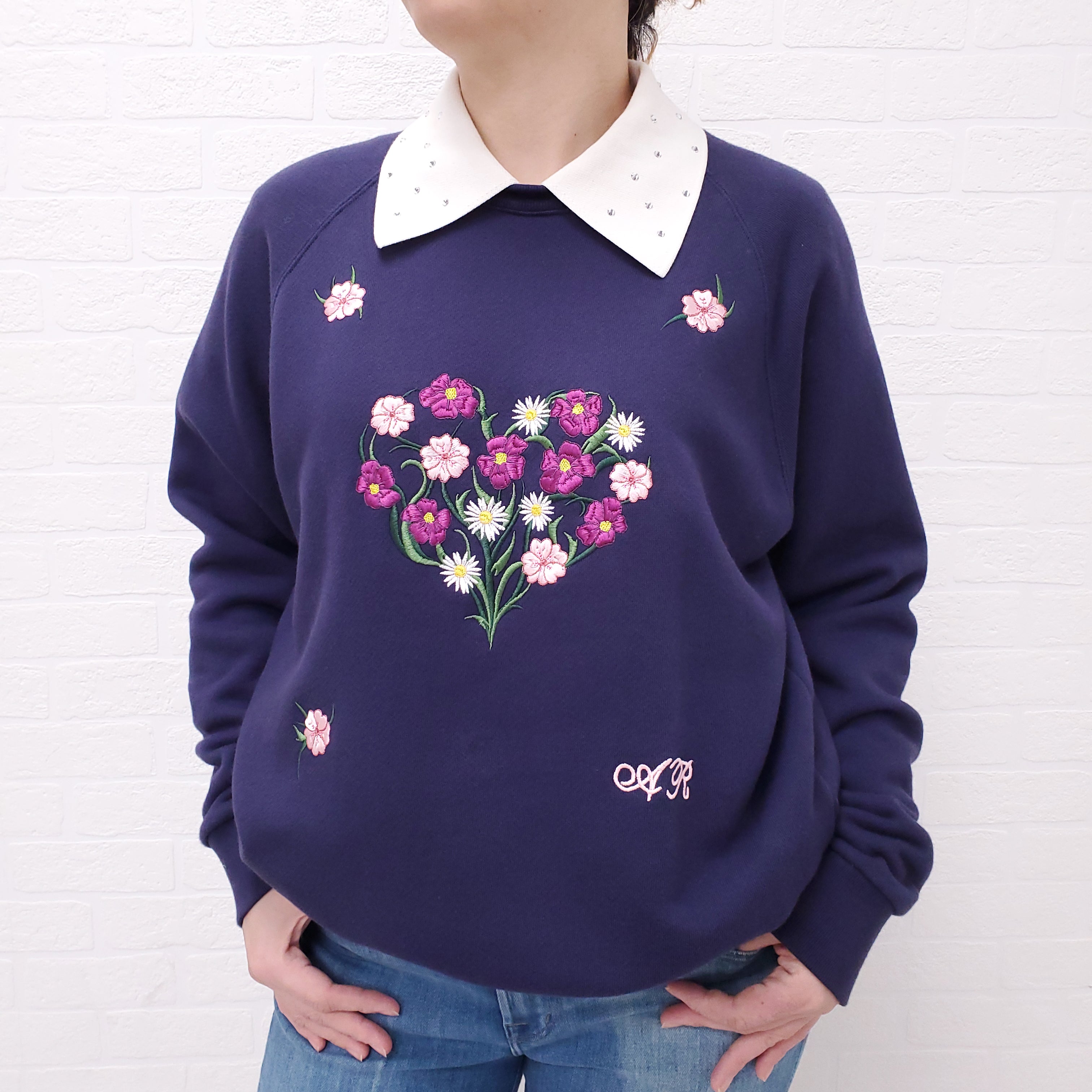 ALESSANDRA RICH EMBROIDERED NAVY SWEATER - SIZE S