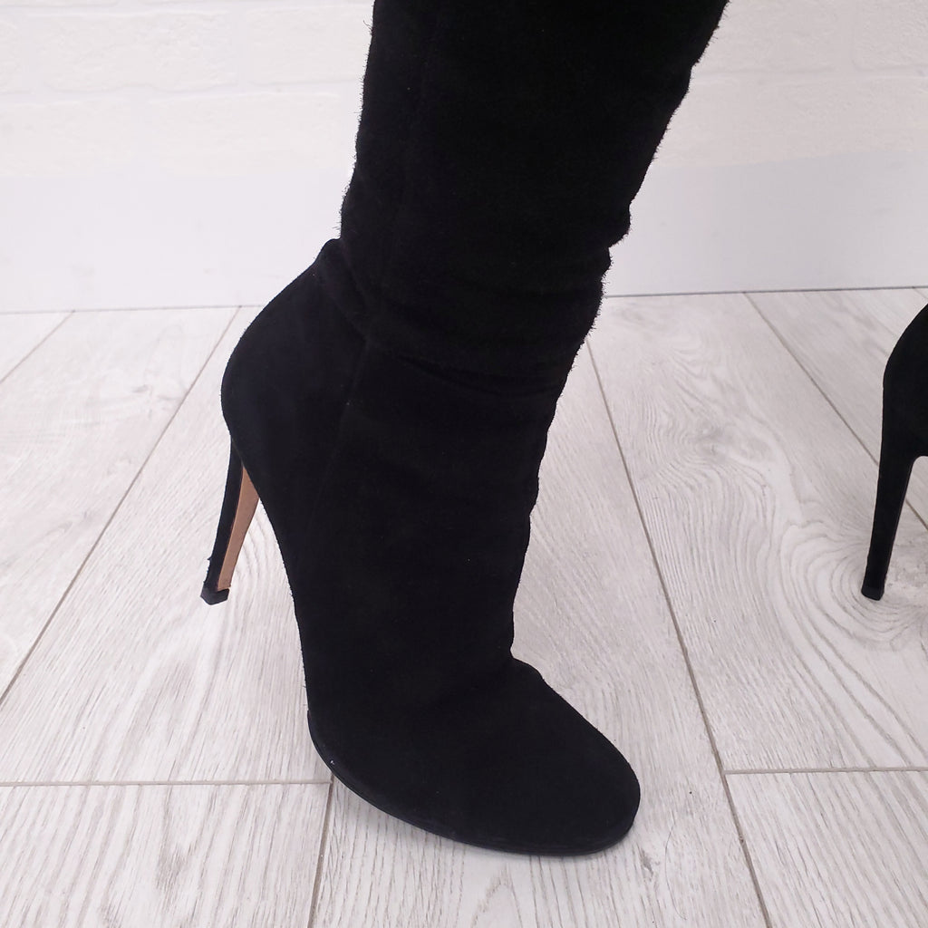 GIANVITO ROSSI BLACK SUEDE FOLDED KNEE HIGH BOOT - SIZE 38