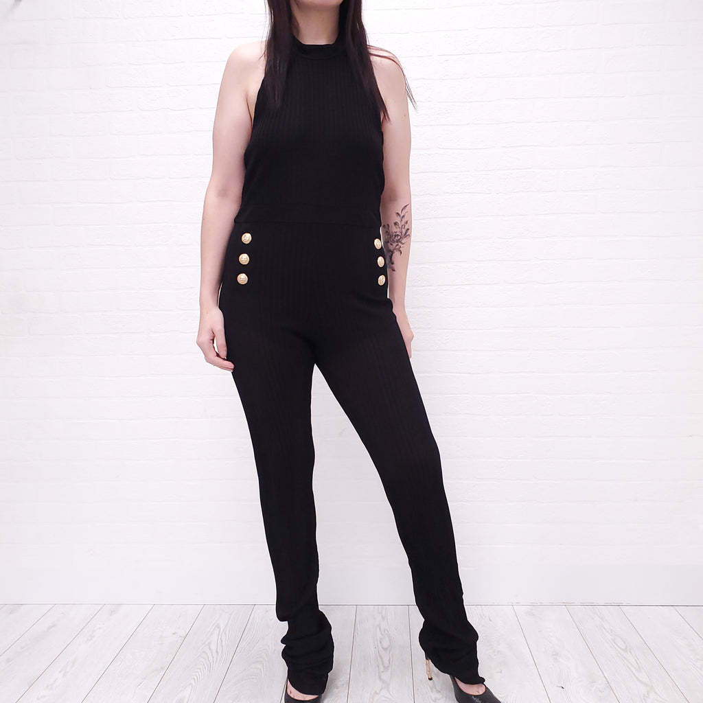 BALMAIN BLACK RIBBED JUMPSUIT WITH GOLD LOGO BUTTONS - SIZE 44