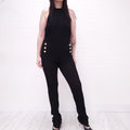 BALMAIN BLACK RIBBED JUMPSUIT WITH GOLD LOGO BUTTONS - SIZE 44