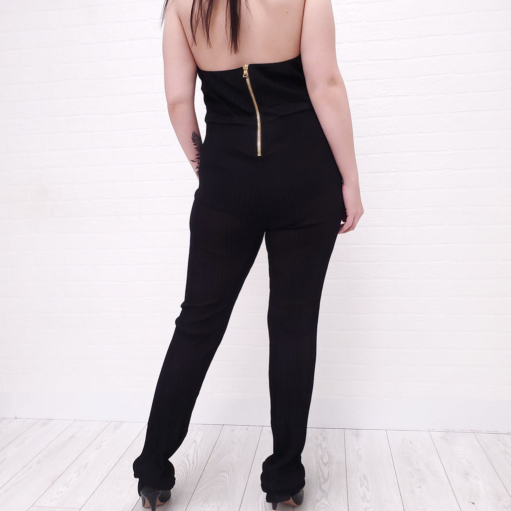 BALMAIN BLACK RIBBED JUMPSUIT WITH GOLD LOGO BUTTONS - SIZE 44