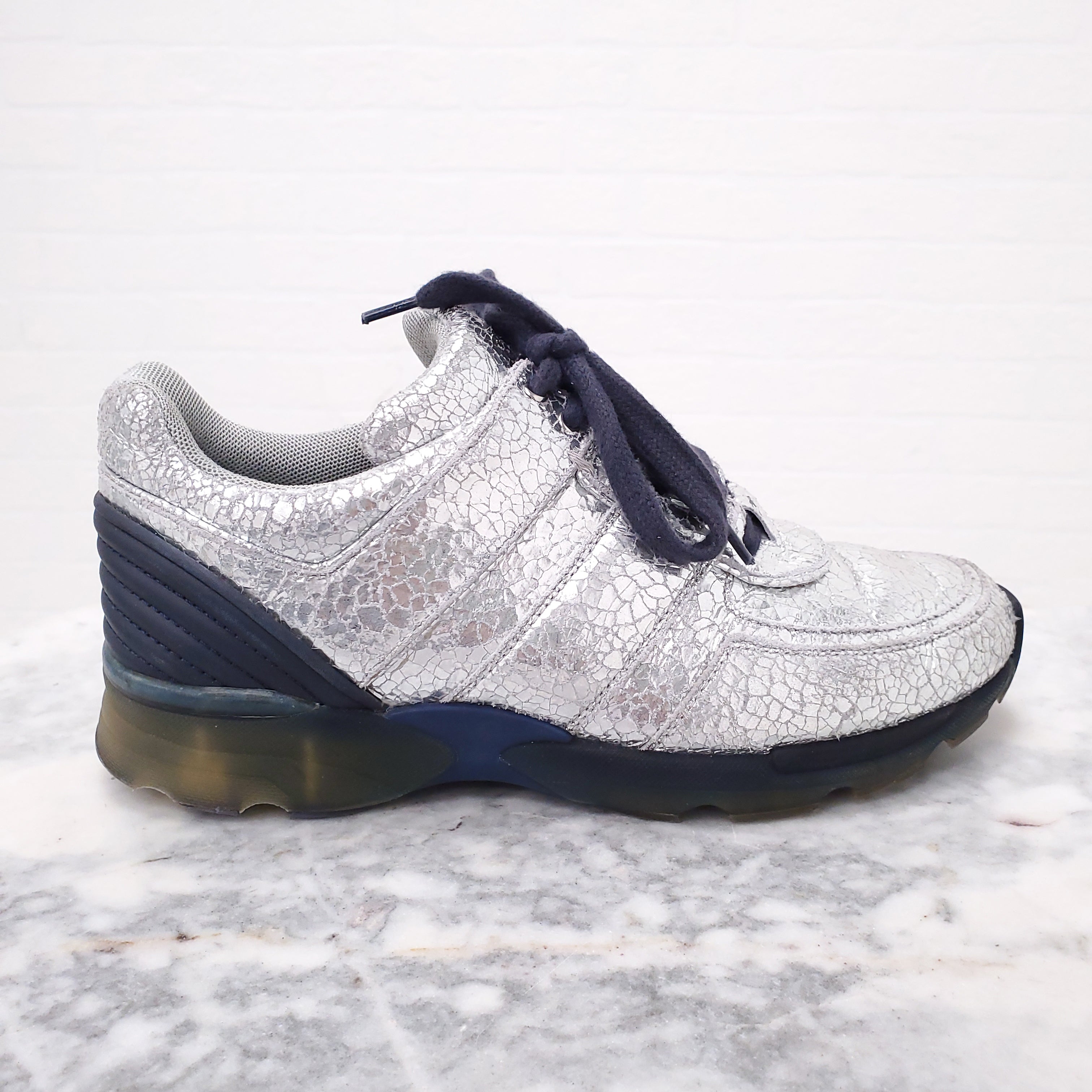 CHANEL SILVER SNEAKERS - SIZE 37.5