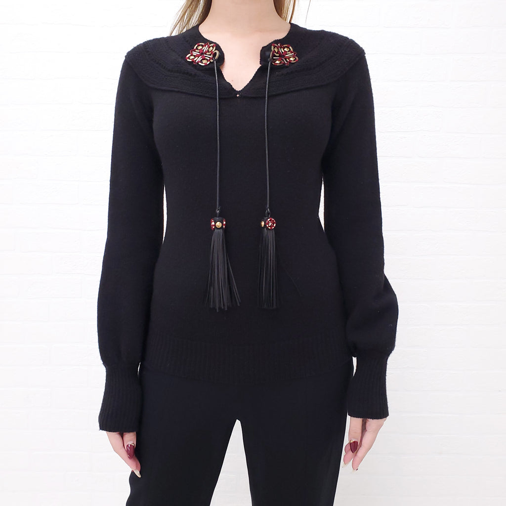 GUCCI BLACK SWEATER WITH TASSEL DETAIL - SIZE M