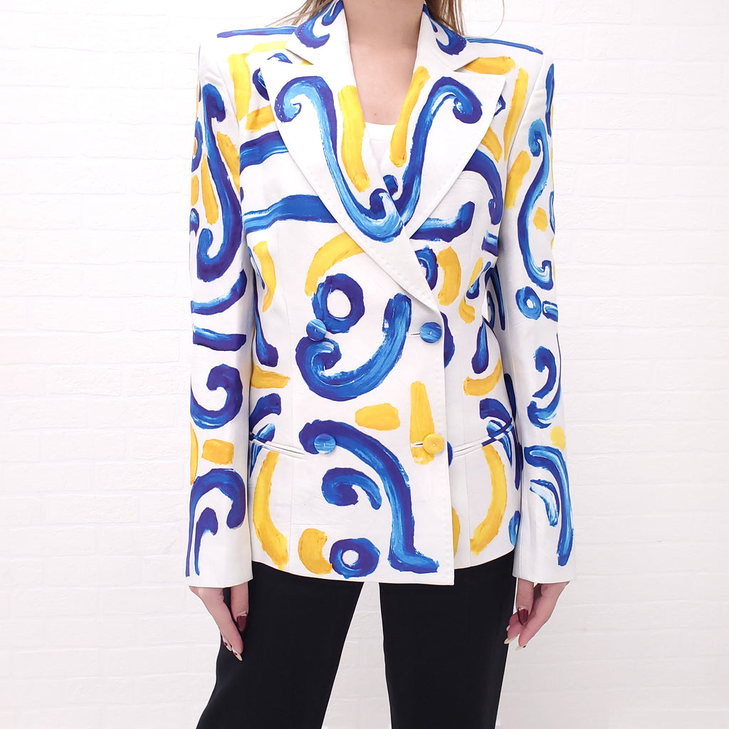 MOSCHINO COUTURE BLUE AND YELLOW PRINT BLAZER - SIZE 40