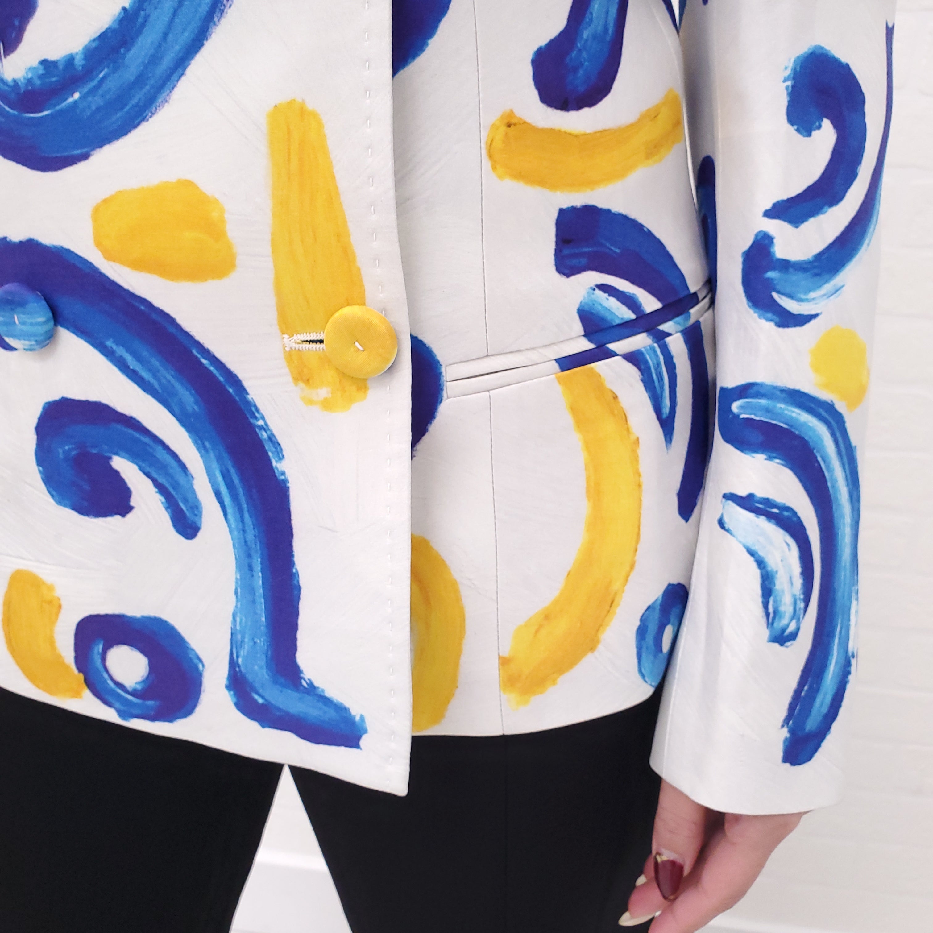 MOSCHINO COUTURE BLUE AND YELLOW PRINT BLAZER - SIZE 40