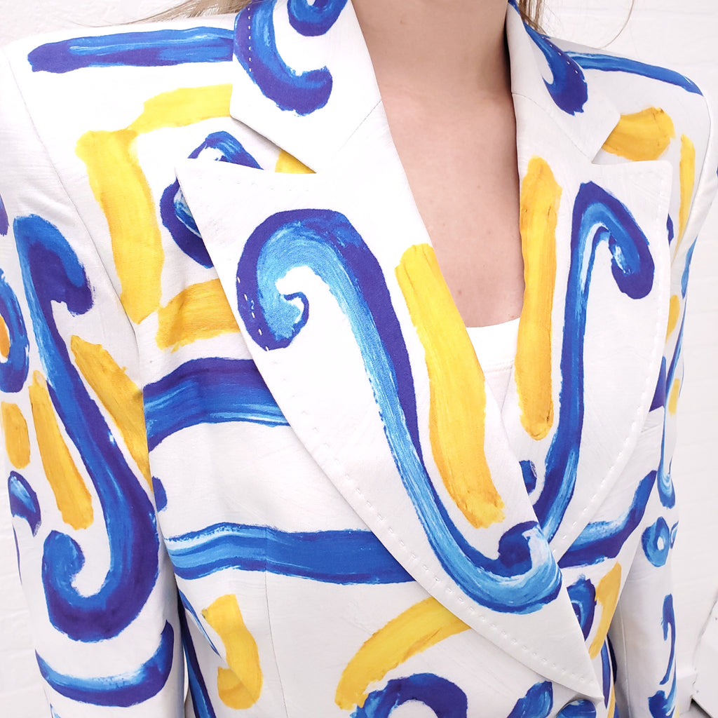 MOSCHINO COUTURE BLUE AND YELLOW PRINT BLAZER - SIZE 40