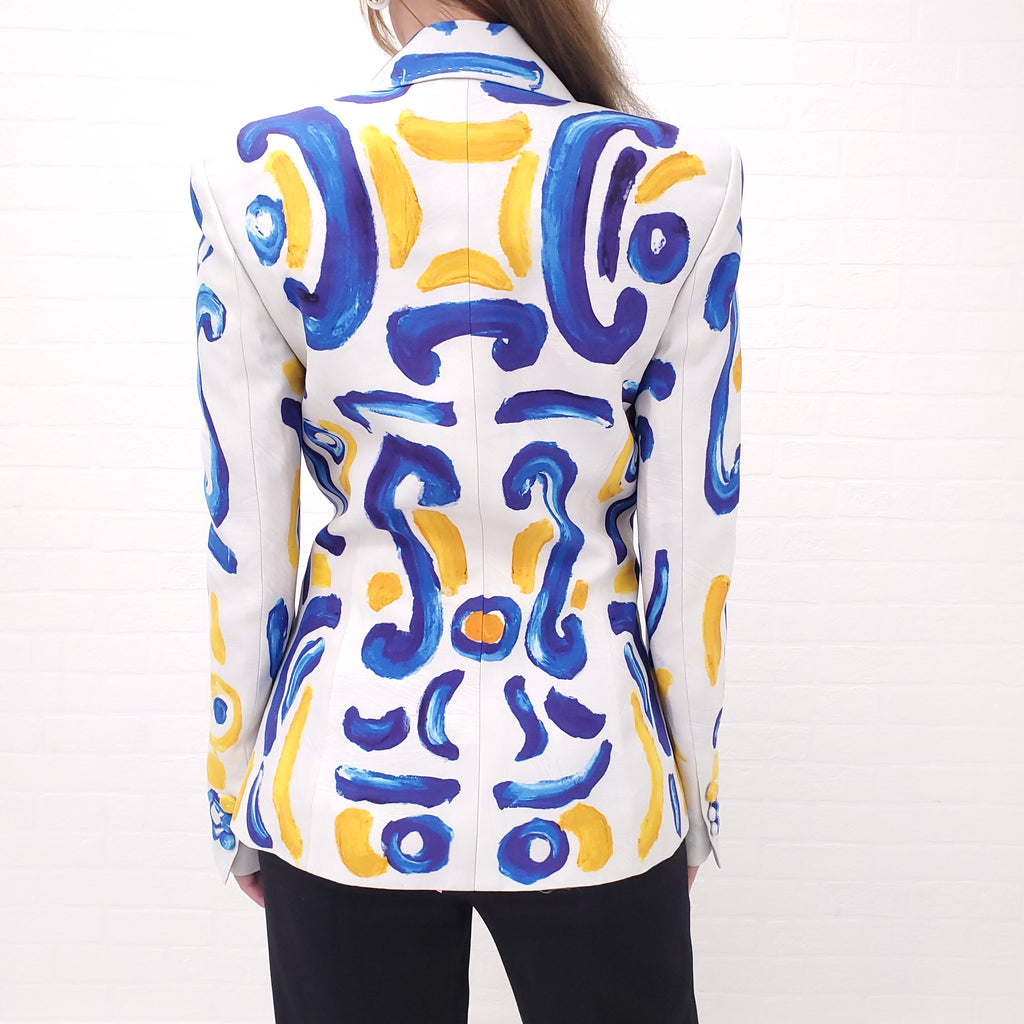 MOSCHINO COUTURE BLUE AND YELLOW PRINT BLAZER - SIZE 40