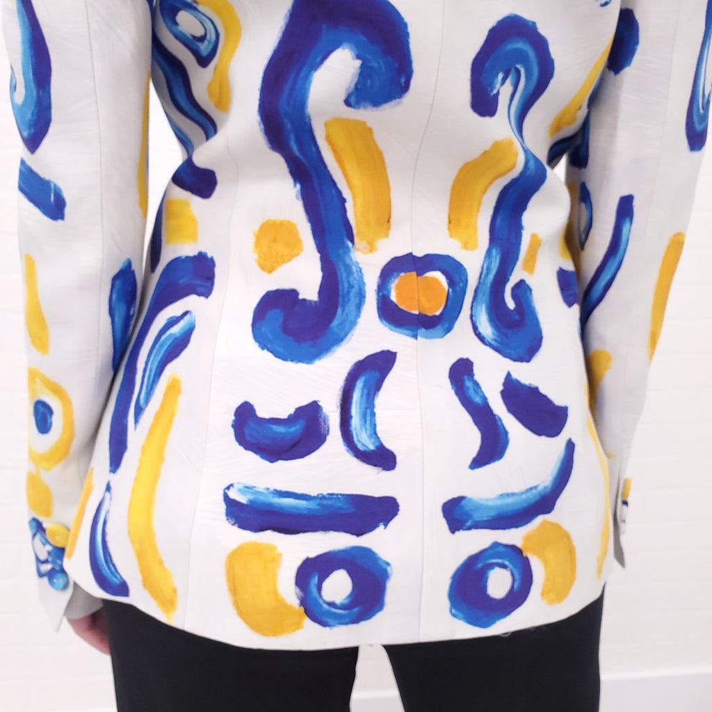 MOSCHINO COUTURE BLUE AND YELLOW PRINT BLAZER - SIZE 40