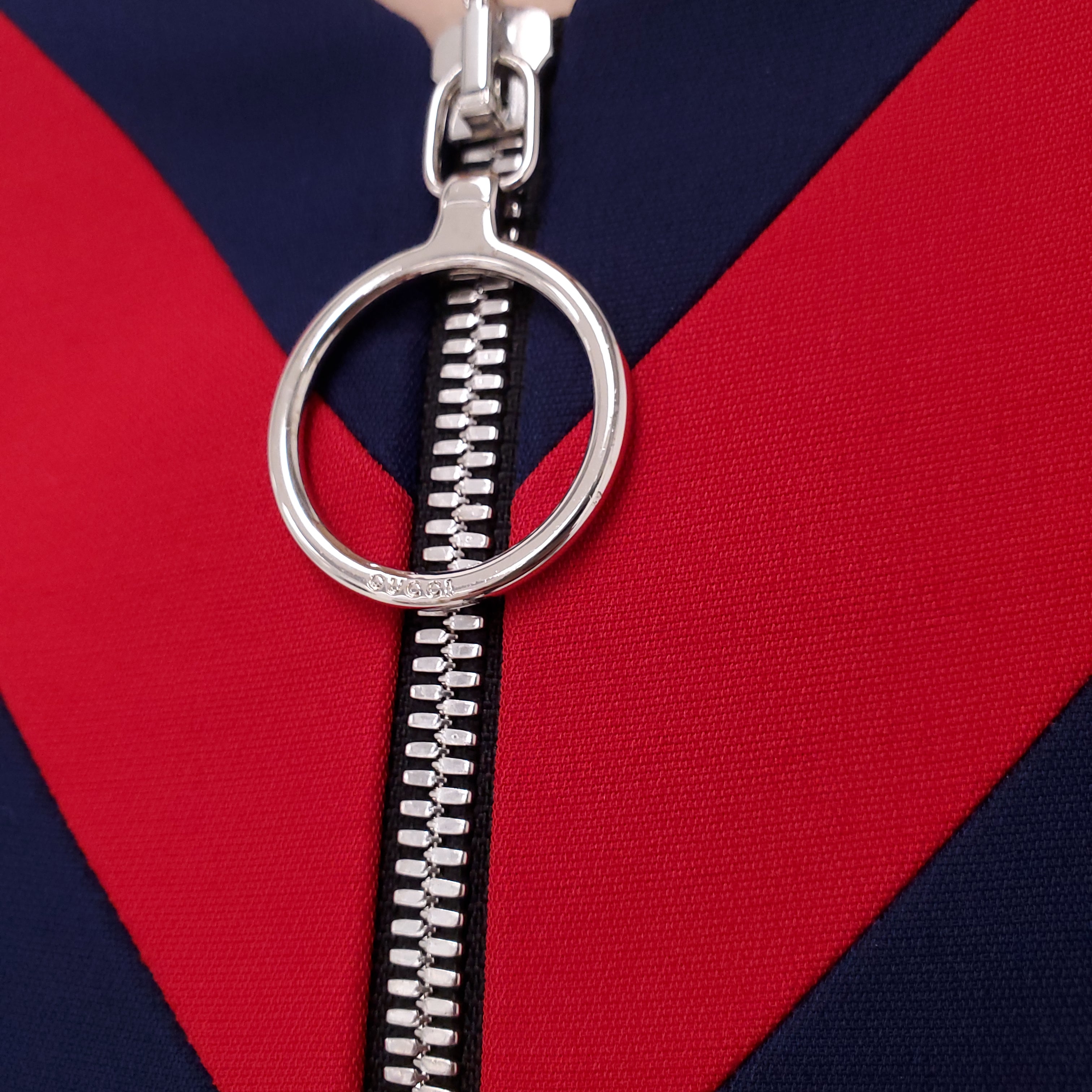 GUCCI BLACK ZIPPER DRESS WITH RED & BLUE STRIPE COLLAR - SIZE 36