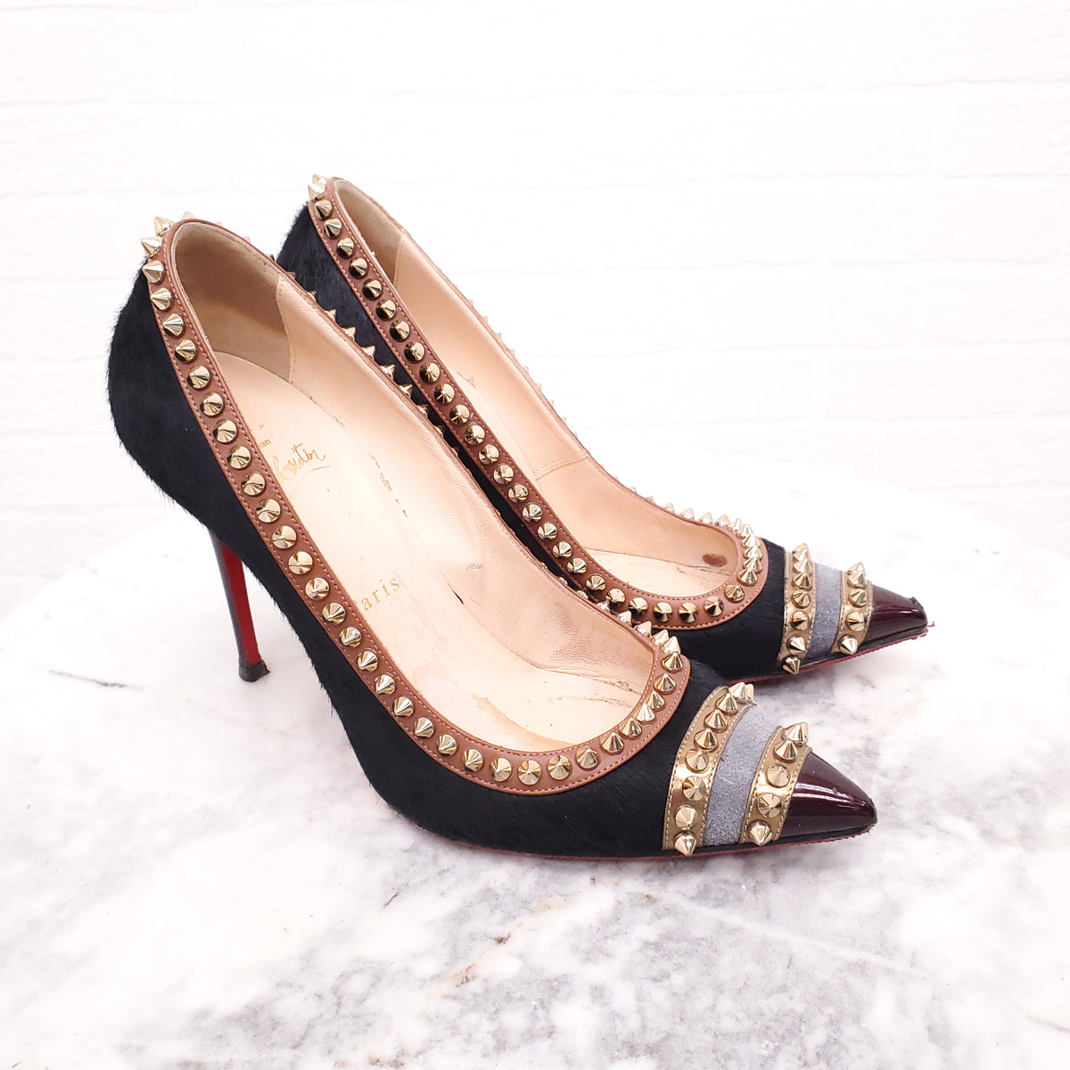 CHRISTIAN LOUBOUTIN POINY HAIR HEELS WITH SPIKES - SIZE 37.5