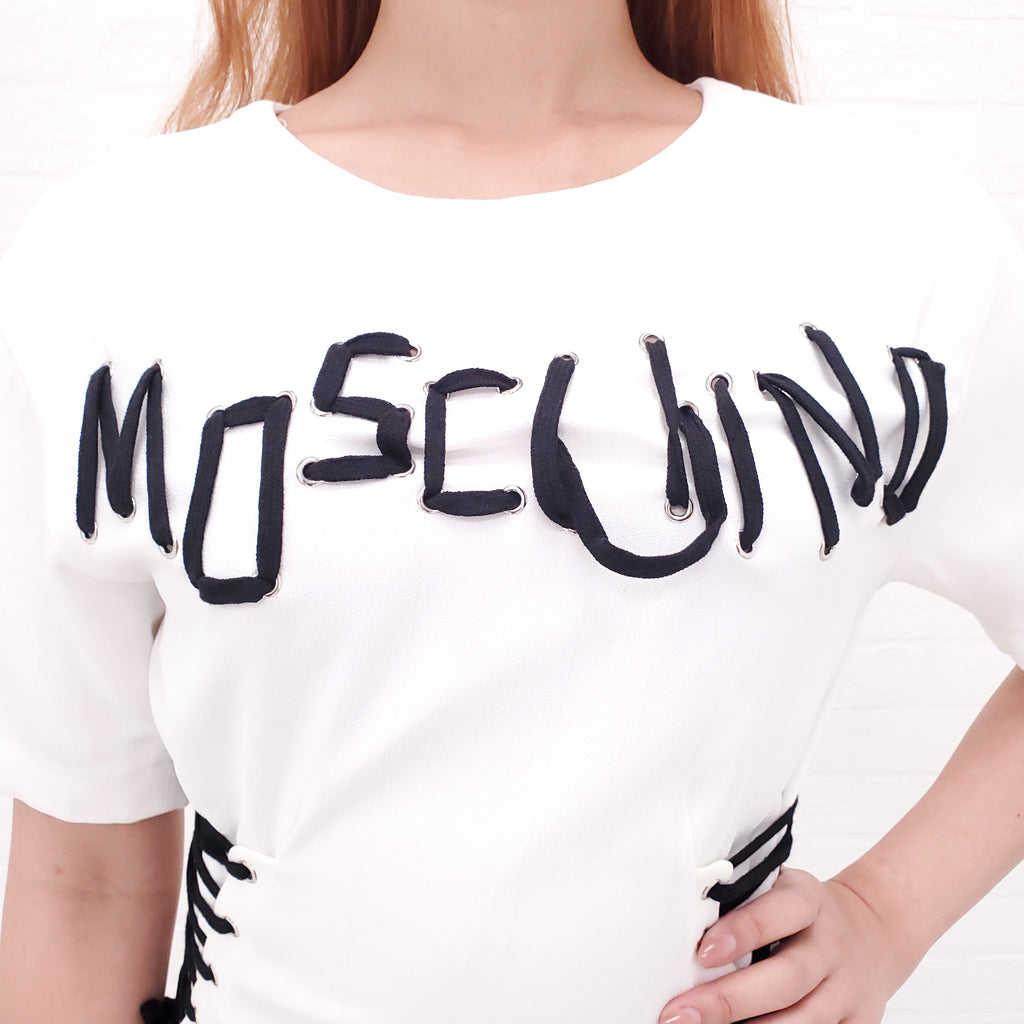 MOSCHINO WHITE LACE UP LOGO DRESS - SIZE 36