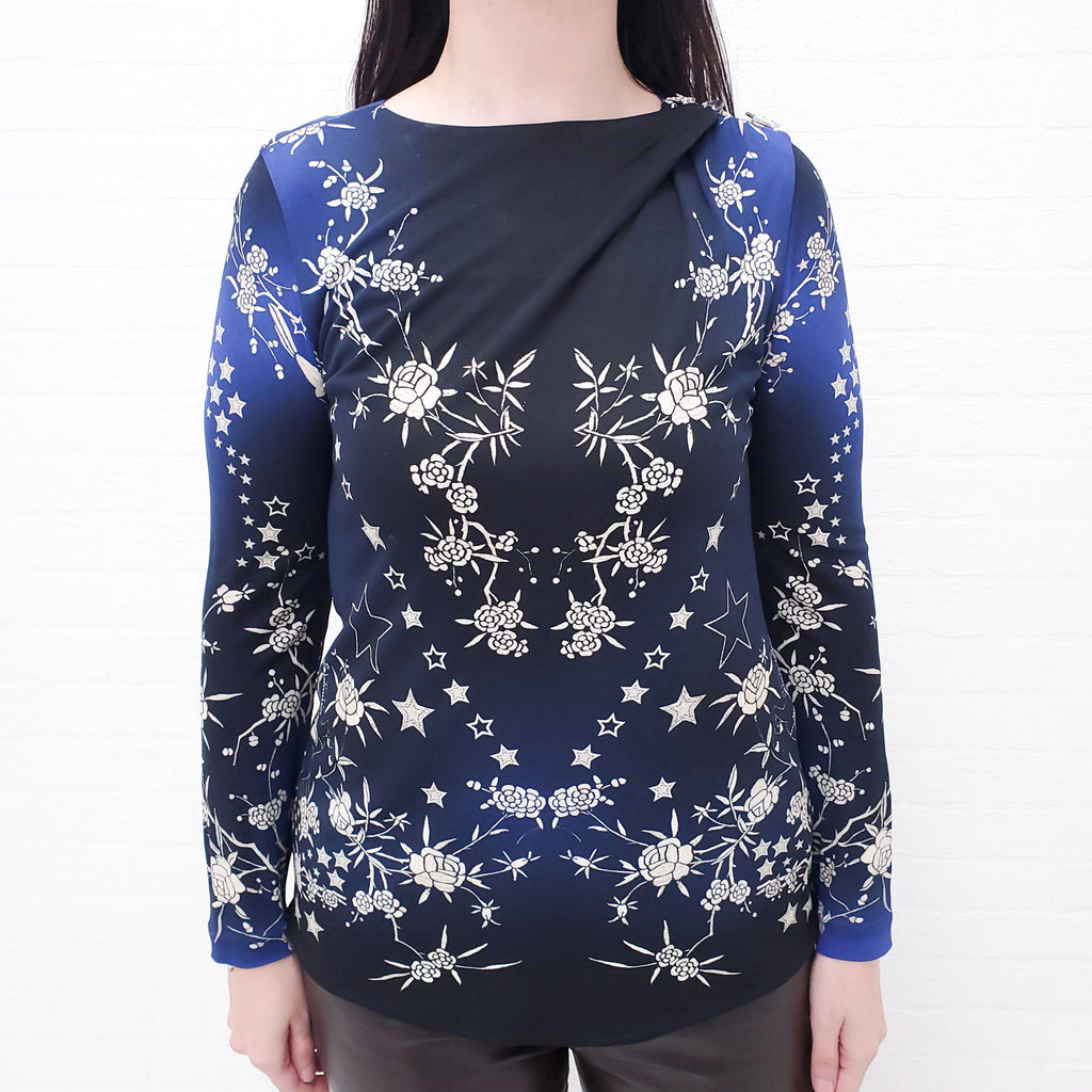 ROBERTO CAVALLI STAR FLORAL LONG SLEEVE TOP WITH CRYSTAL DETAIL -SIZE 40