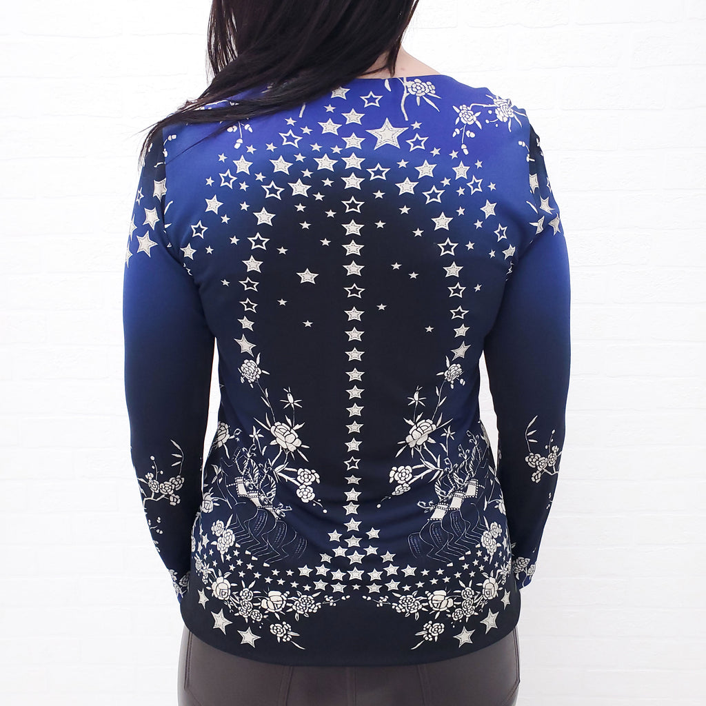 ROBERTO CAVALLI STAR FLORAL LONG SLEEVE TOP WITH CRYSTAL DETAIL -SIZE 40
