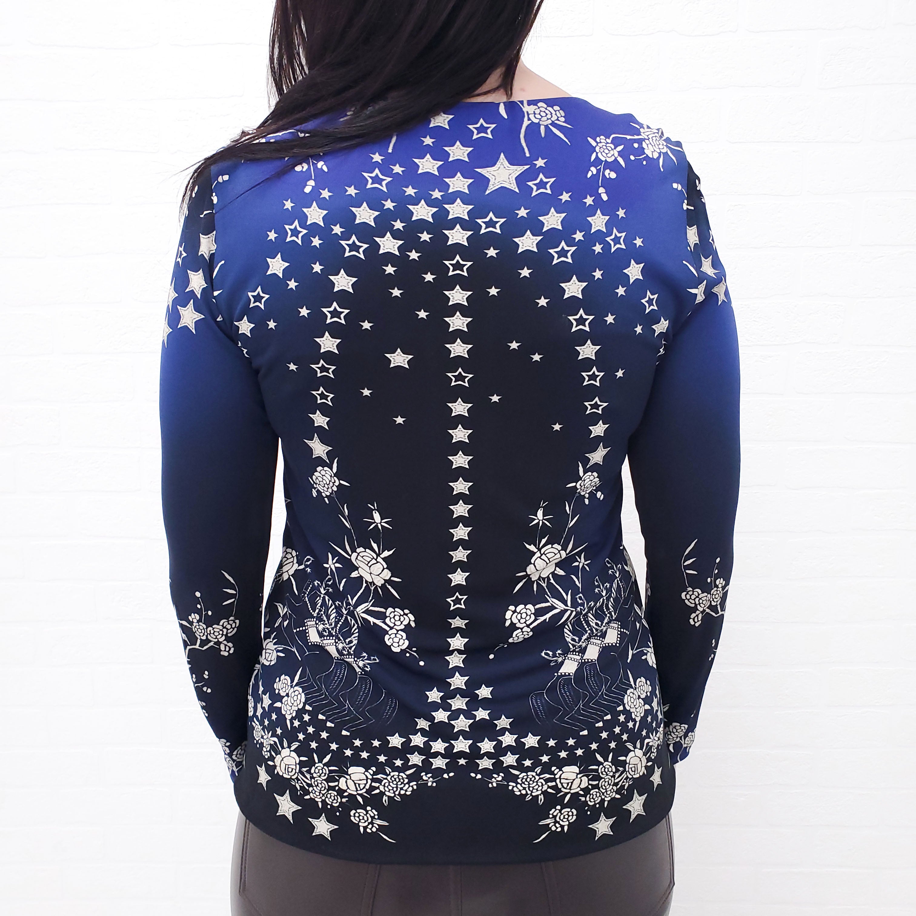 ROBERTO CAVALLI STAR FLORAL LONG SLEEVE TOP WITH CRYSTAL DETAIL -SIZE 40