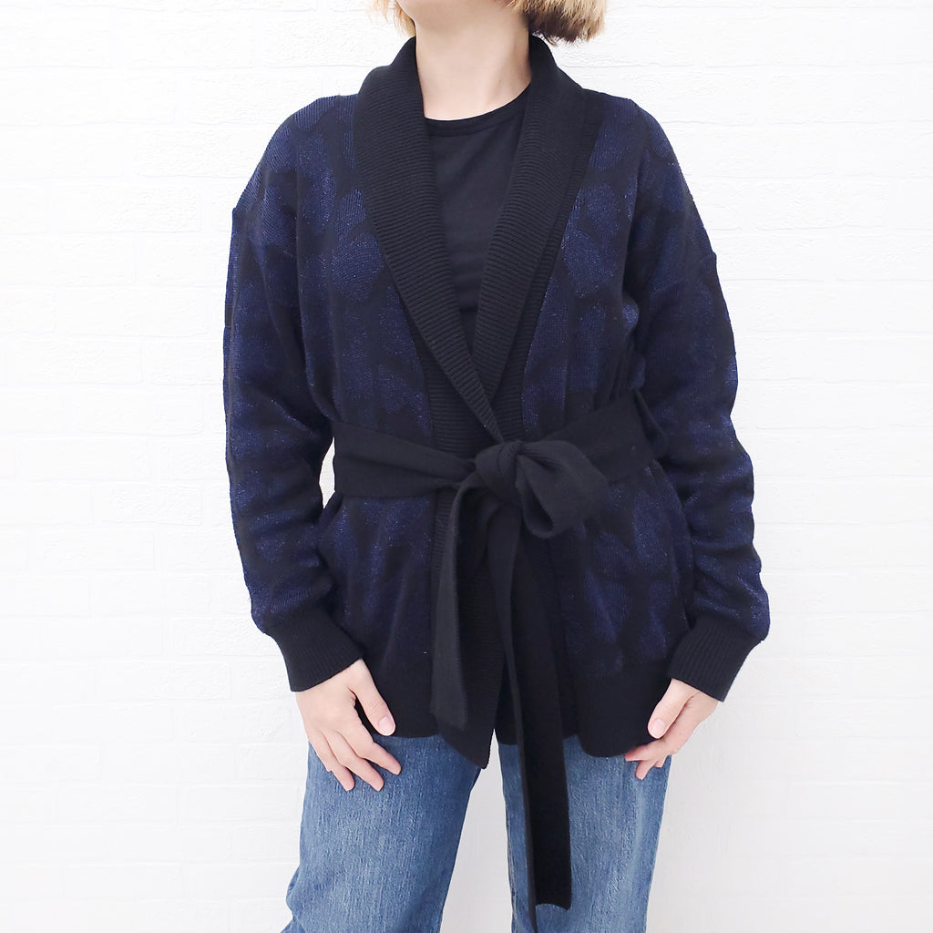 RTA BLACK AND NAVY LEOPARD WRAP CARDIGAN - SIZE M