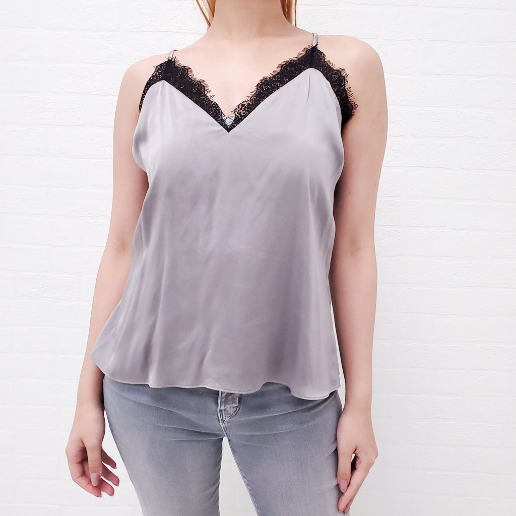 CAMI GREY SILK TANK WITH LACE - SIZE S