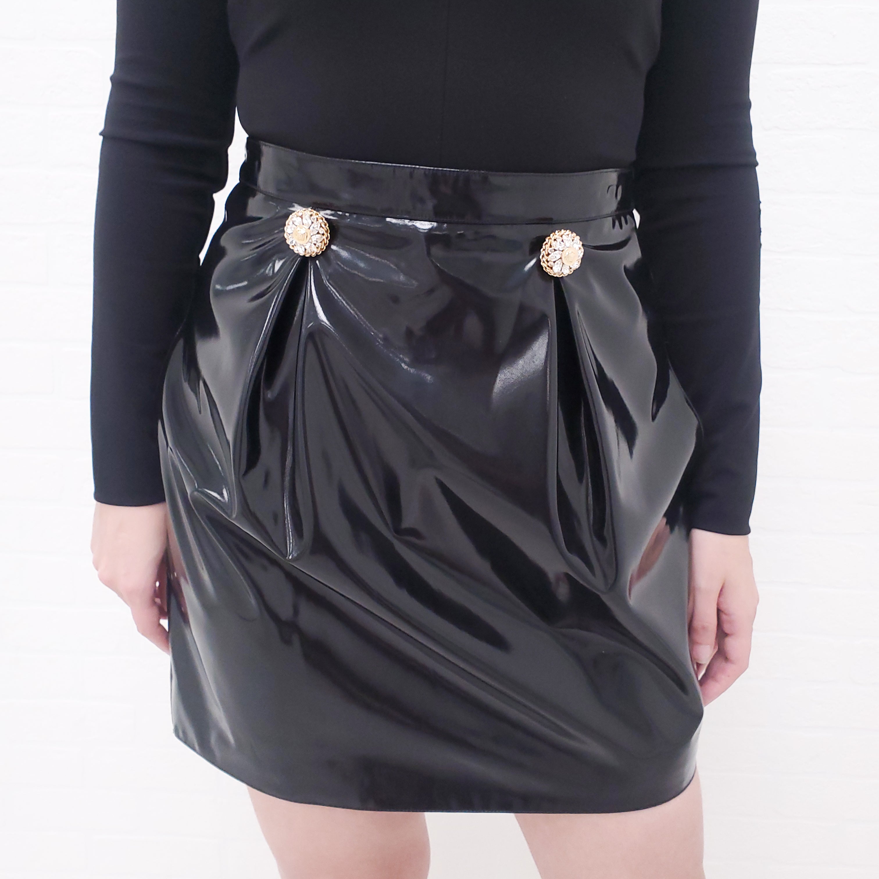 VERSACE PATENT SKIRT WITH CRYSTAL BUTTONS - SIZE 42