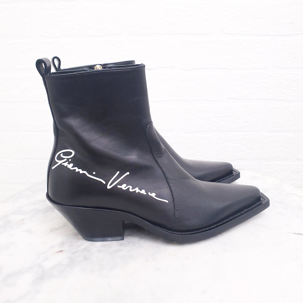VERSACE BLACK LEATHER LOGO COWBOY BOOTS - SIZE 35