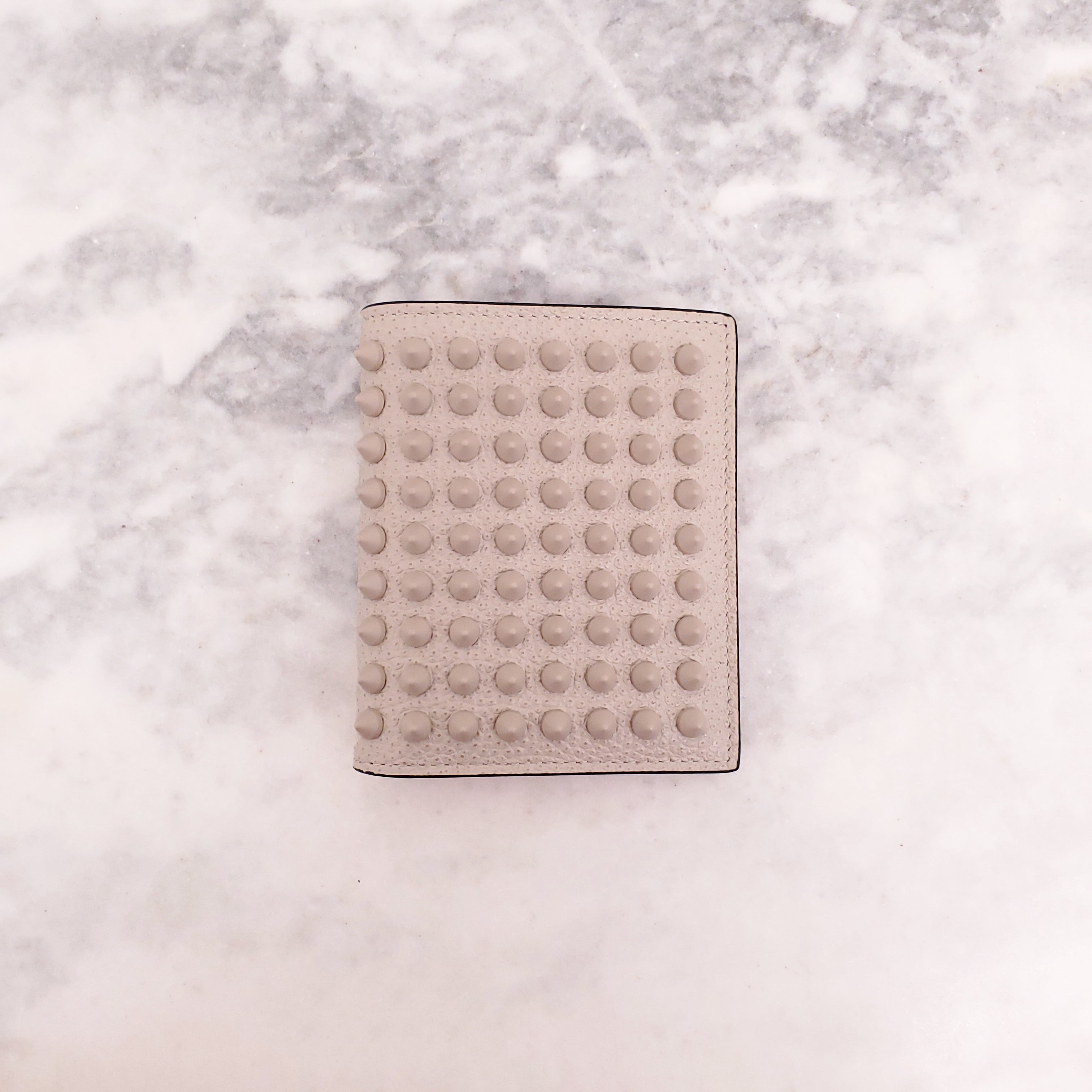 CHRISTIAN LOUBOUTIN BEIGE SPIKE COMPACT WALLET
