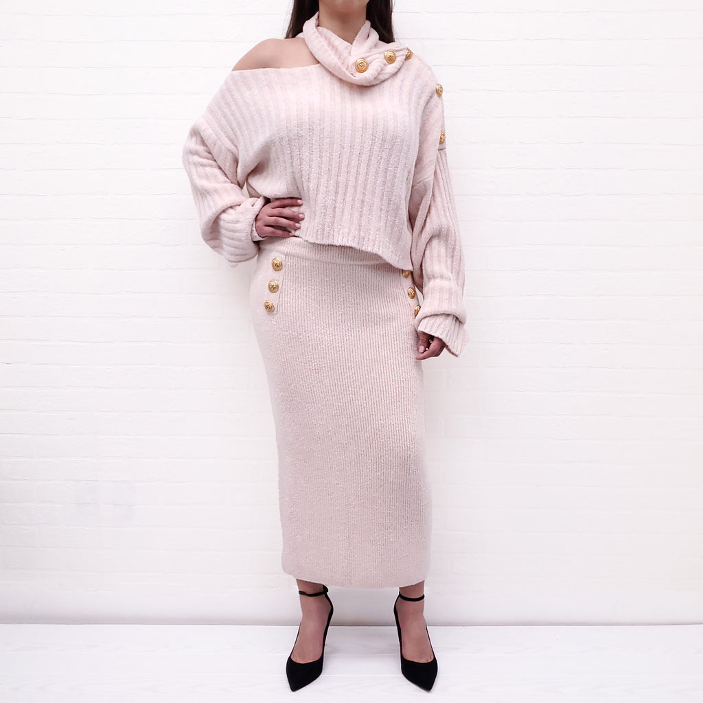 BALMAIN PINK FUZZY TWO-PIECE SET WITH LOGO BUTTONS - SIZE 50