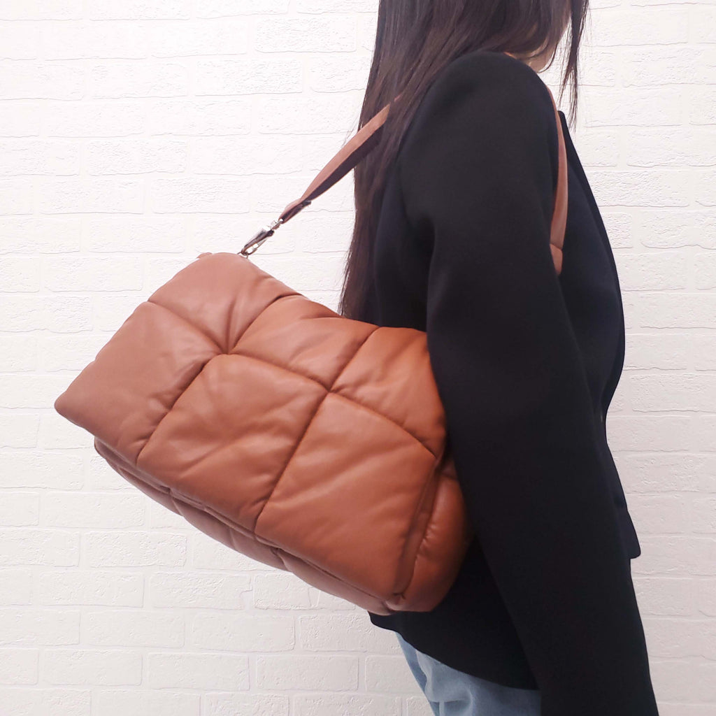 STAND STUDIO COGNAC VEGAN LEATHER PUFFER SHOULDER BAG