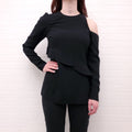 PROENZA SCHOULER BLACK SATIN CREPE BLOUSE WITH ONE SHOULDER CUTOUT DETAIL - SIZE 2
