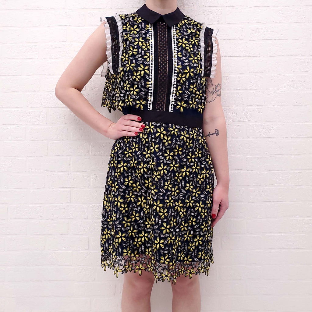 SELF-PORTRAIT NAVY AND YELLOW FLORAL DRESS - SIZE 10