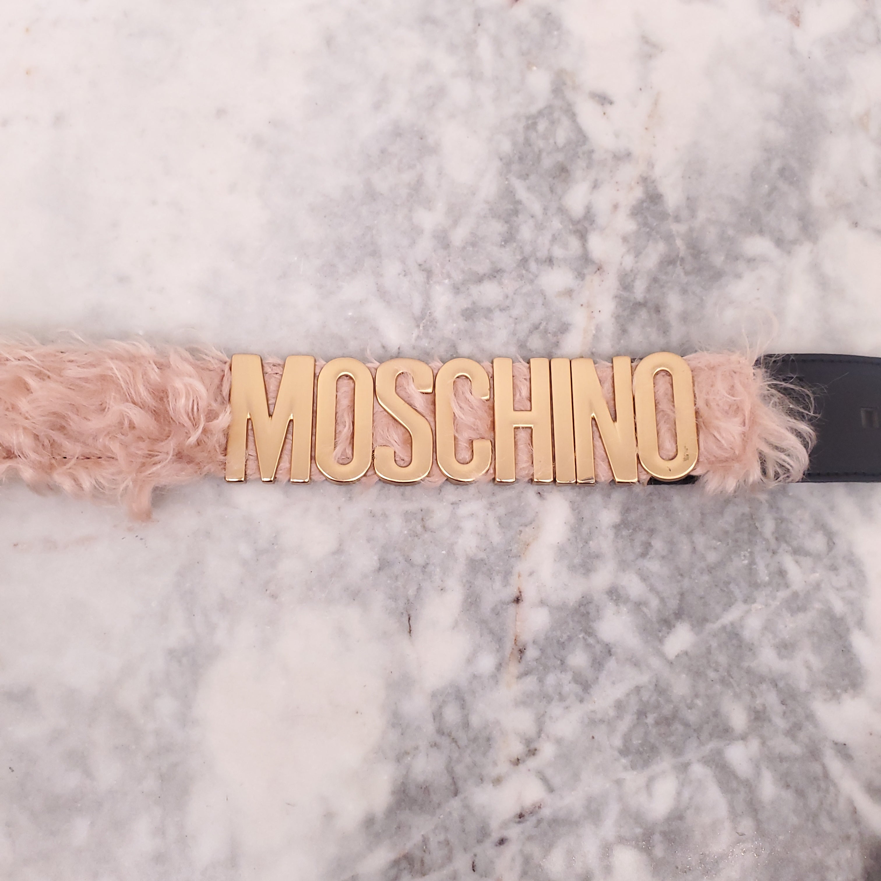 MOSCHINO MONGOLIAN HAIR GOLD LOGO BELT - SIZE 42