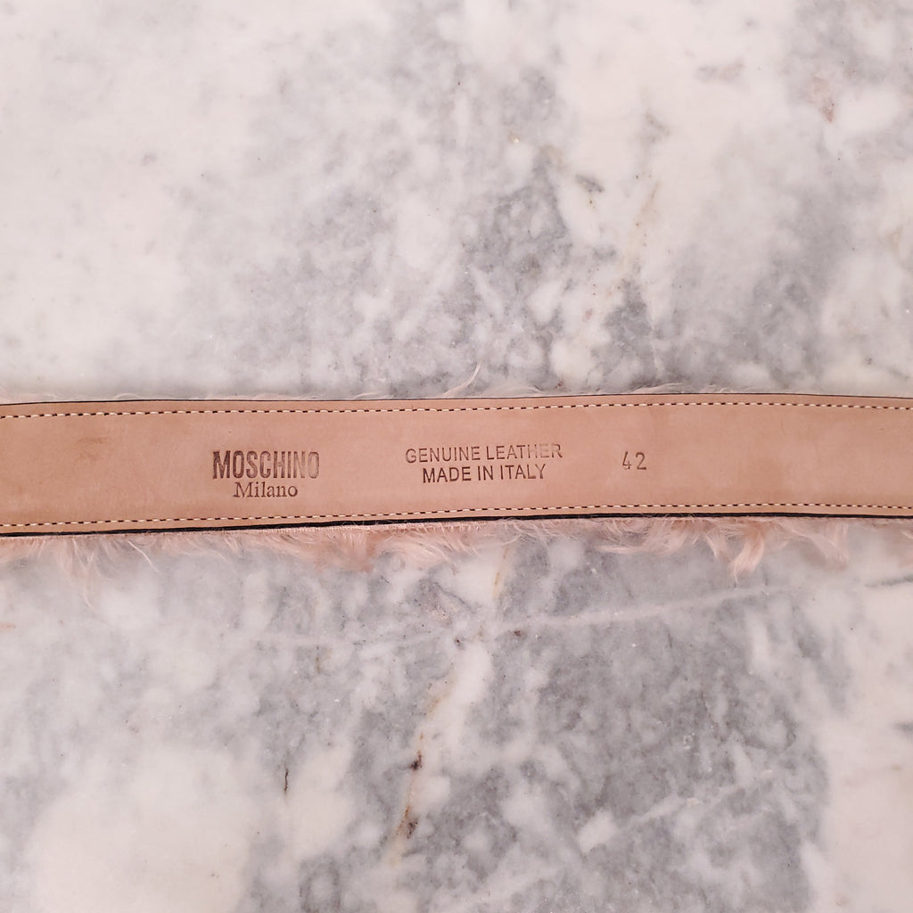 MOSCHINO MONGOLIAN HAIR GOLD LOGO BELT - SIZE 42