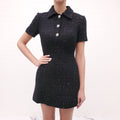 VALENTINO BLACK TWEED DRESS WITH SILVER RHINESTONE LOGO BUTTONS - SIZE 38