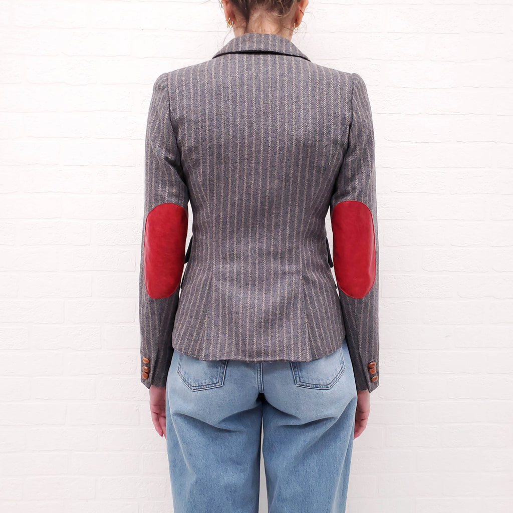 SMYTHE GREY STRIPED BLAZER WITH RED LEATHER ELBOW DETAIL - SIZE 4