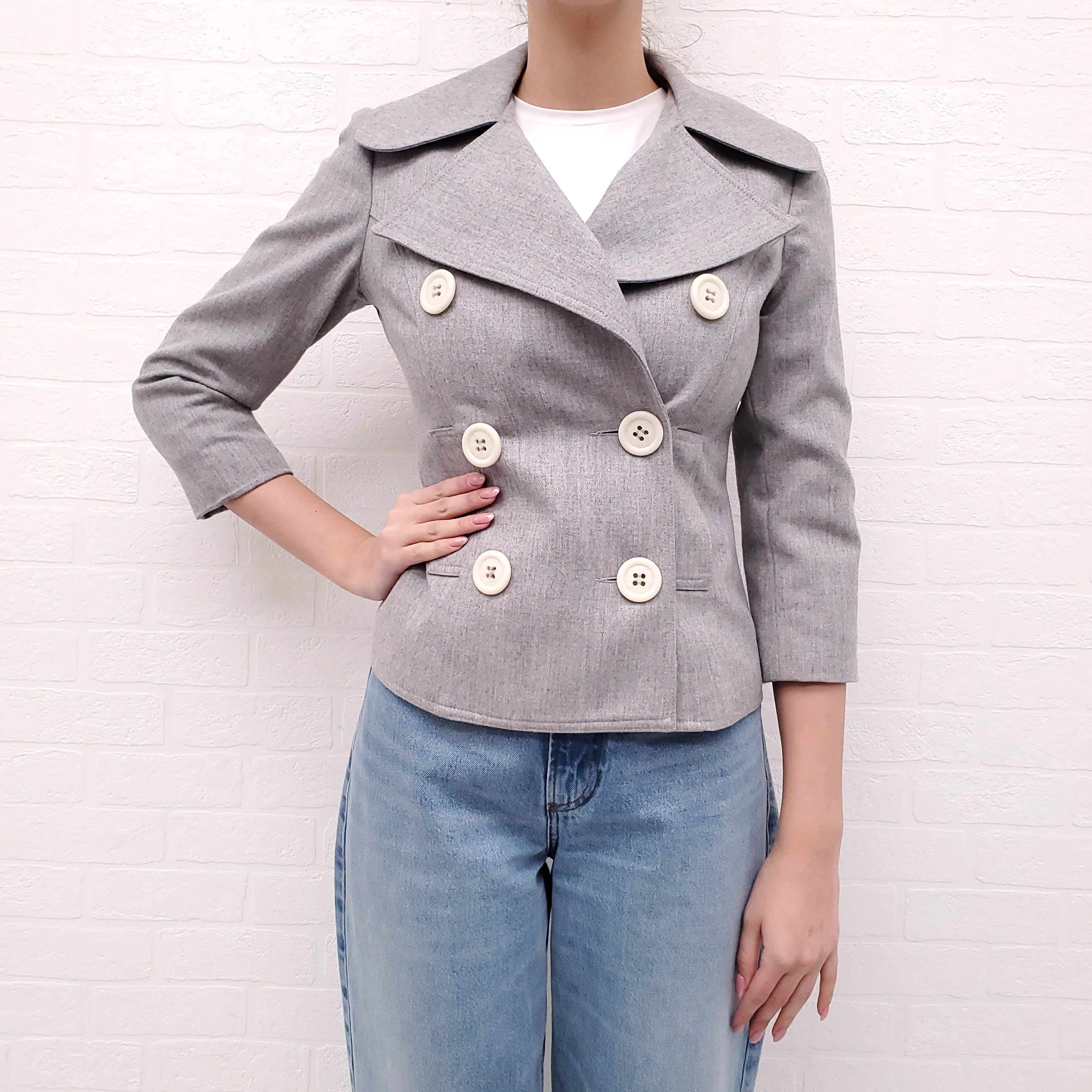 SMYTHE GREY DOUBLE BREASTED CROPPED PEACOAT JACKET WITH WHITE BUTTONS - SIZE 6