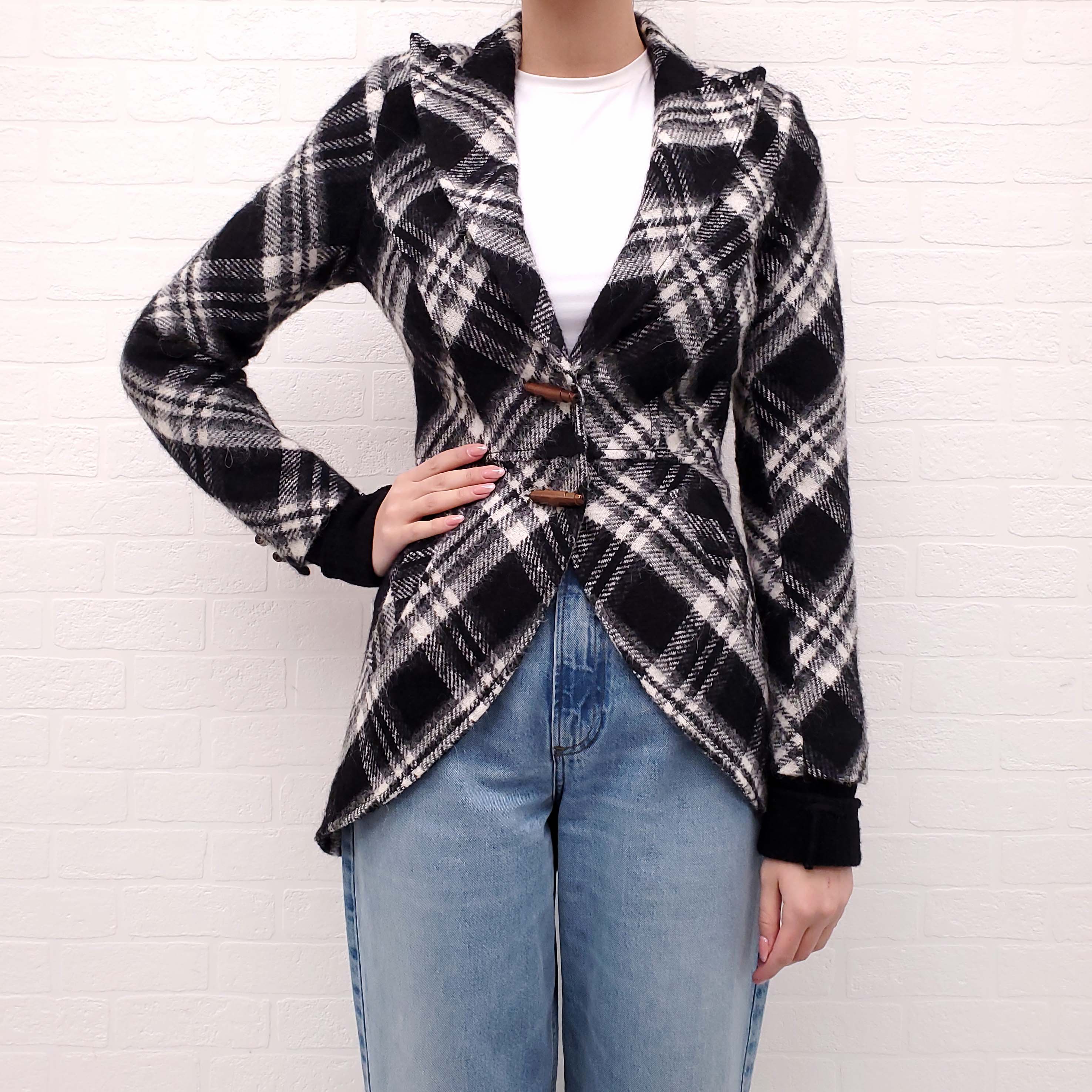 SMYTHE PLAID RIDING JACKET WITH LEATHER TOGGLE DETAIL - SIZE 6