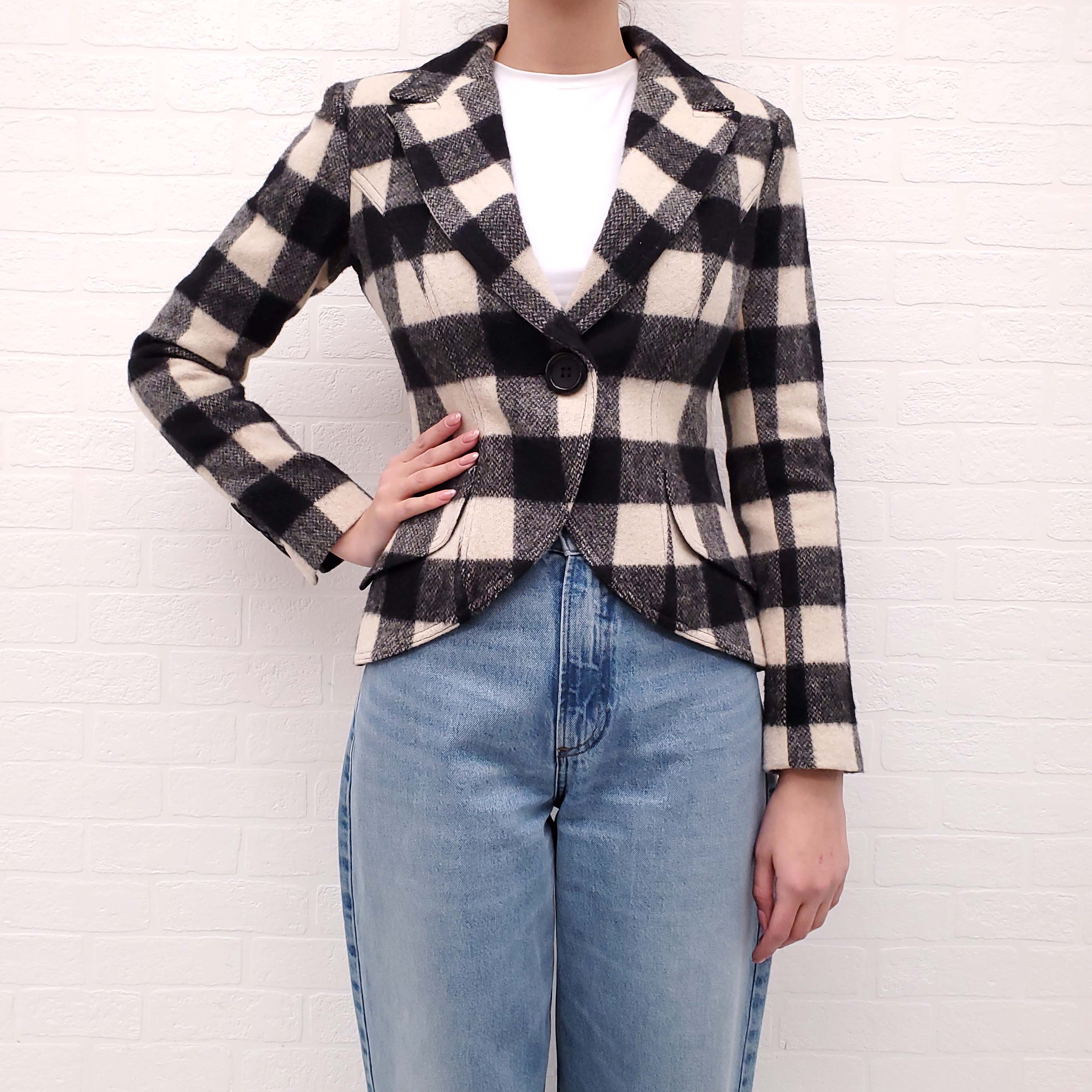 SMYTHE BLACK AND WHITE PLAID WOOL LINED BLAZER - SIZE 6