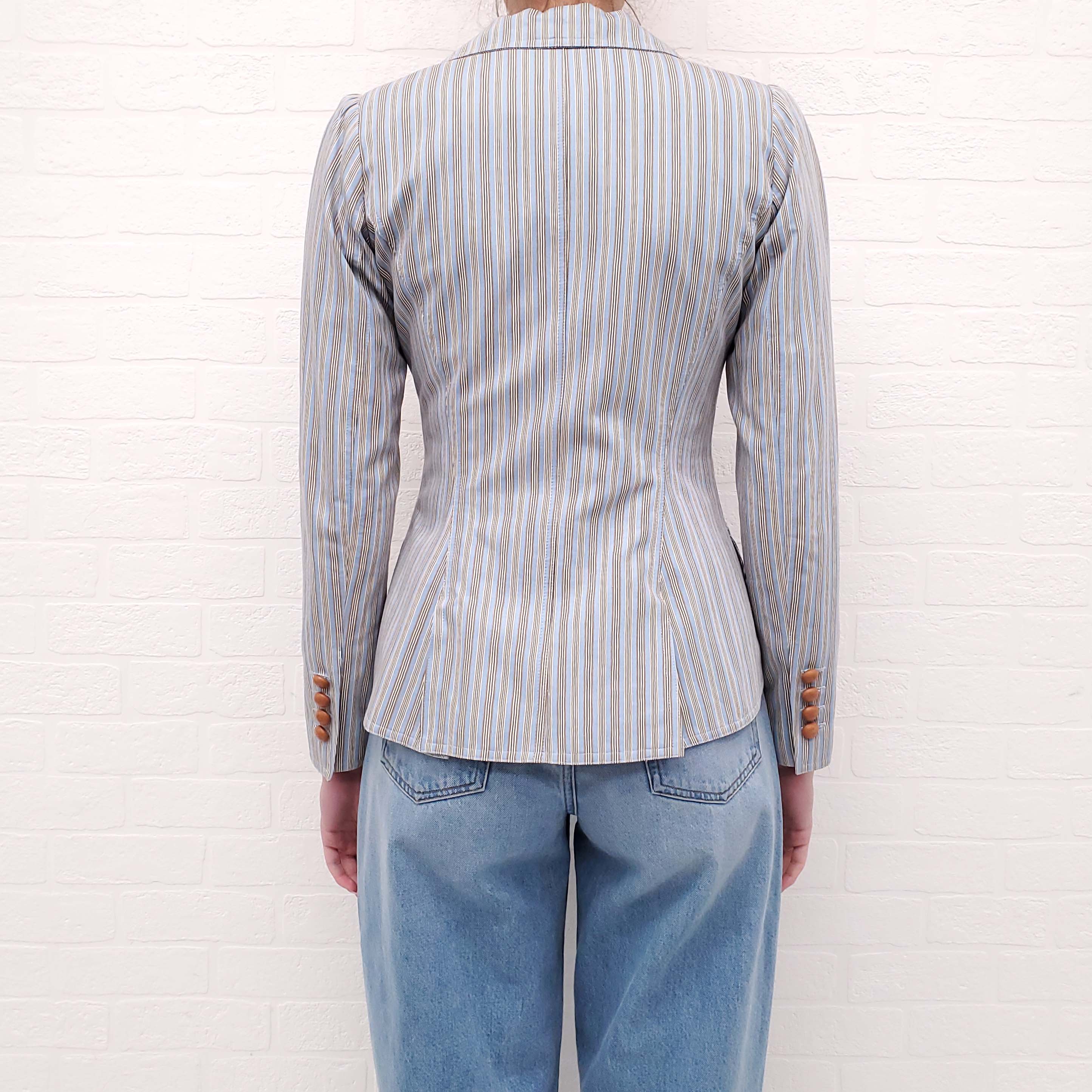 SMYTHE PINSTRIPE BLUE COTTON BLAZER WITH WOOD BUTTONS - SIZE 4