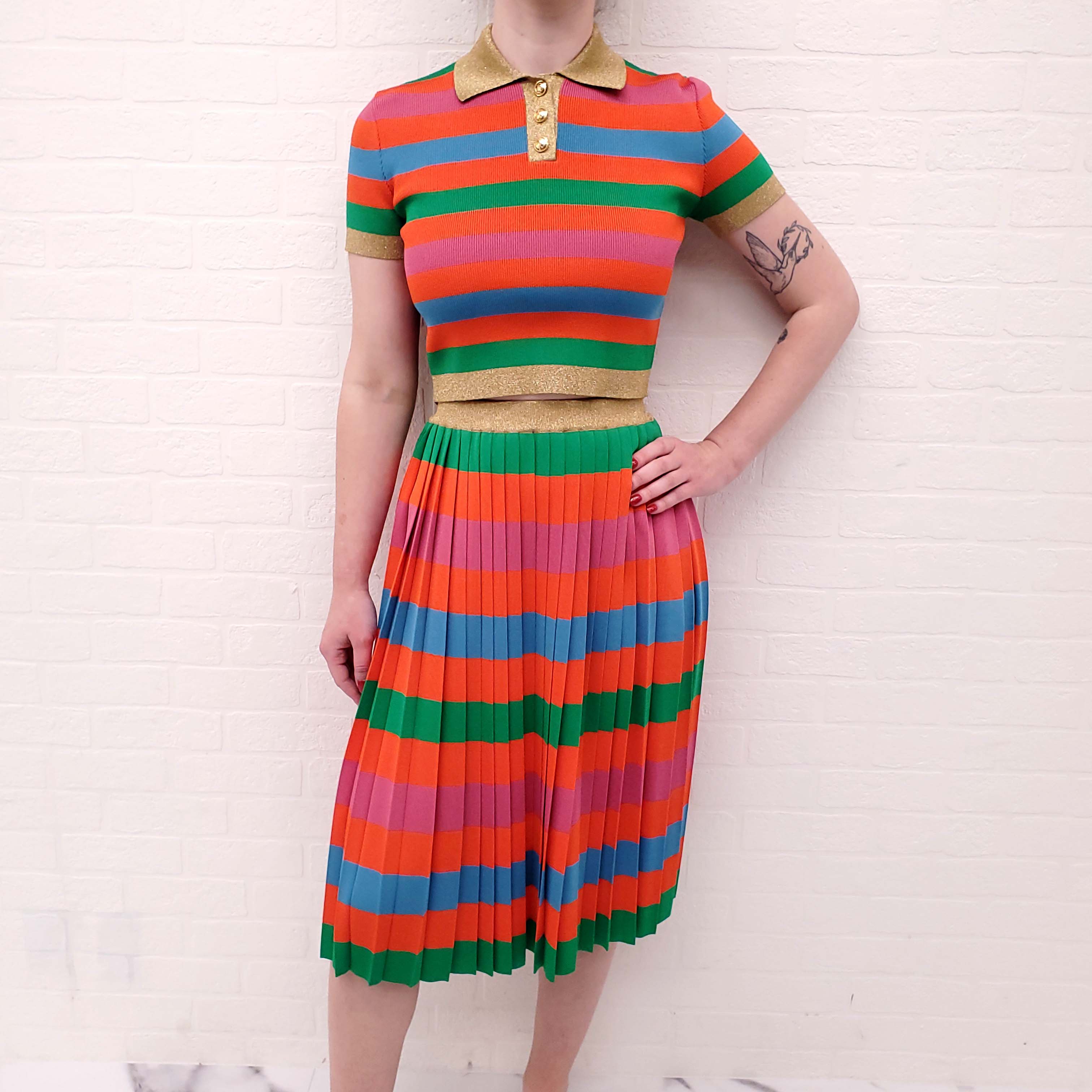 GUCCI MULTICOLOURED STRIPED SWEATER AND PLEATED SKIRT SET - SIZE XS