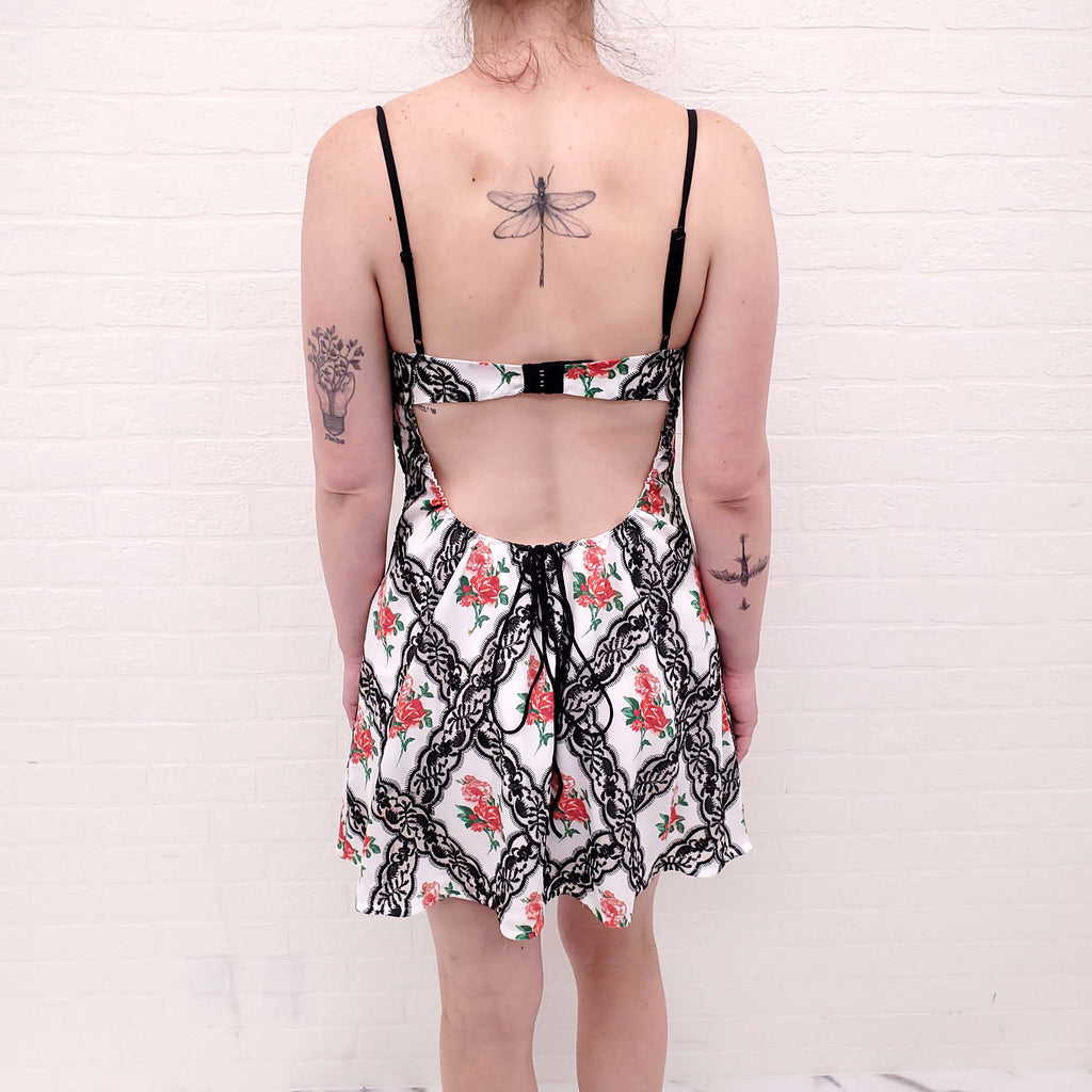 FOR LOVE & LEMONS GRETA BLACK AND WHITE FLORAL MINI DRESS - SIZE M