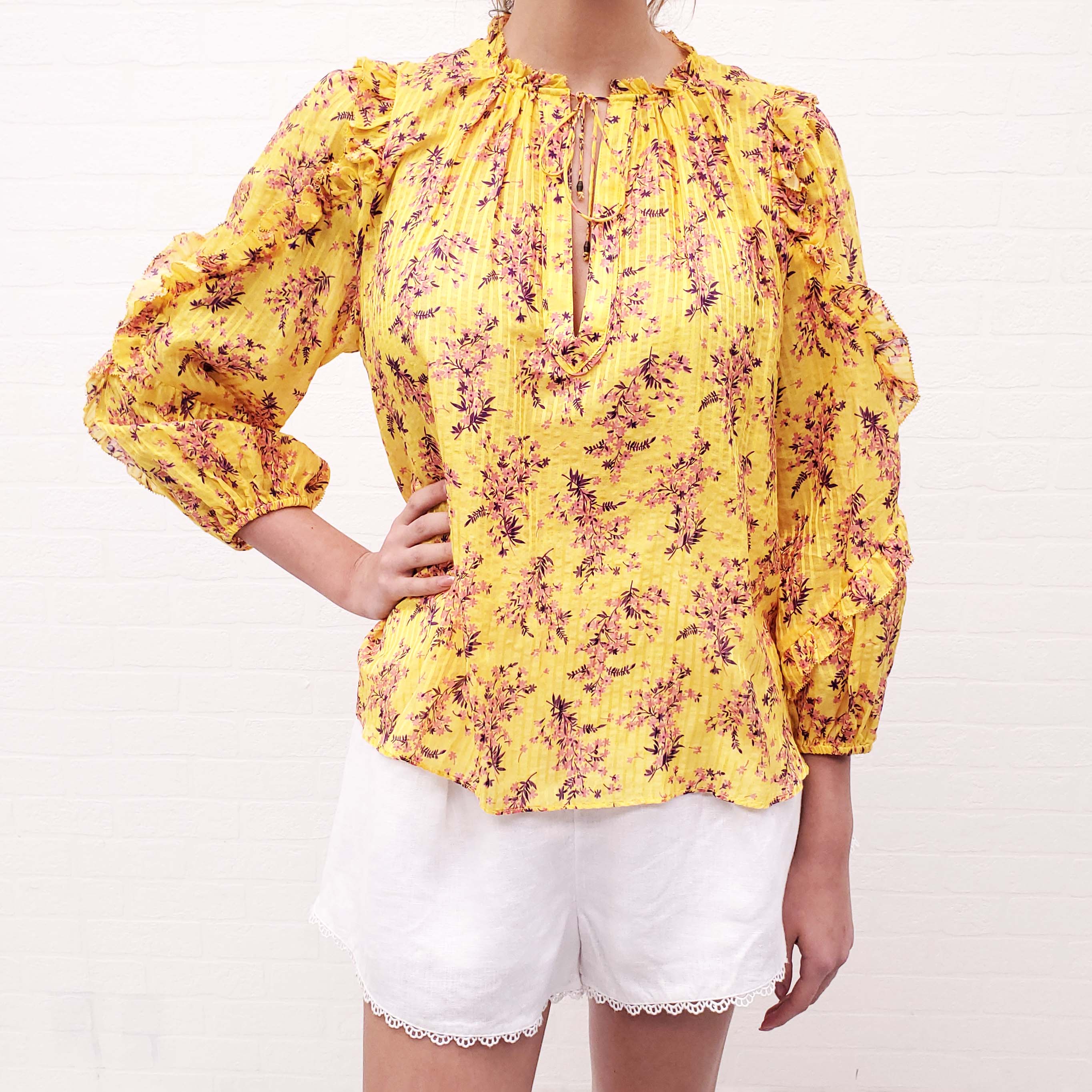 ULLA JOHNSON YELLOW FLORAL BLOUSE - SIZE 2
