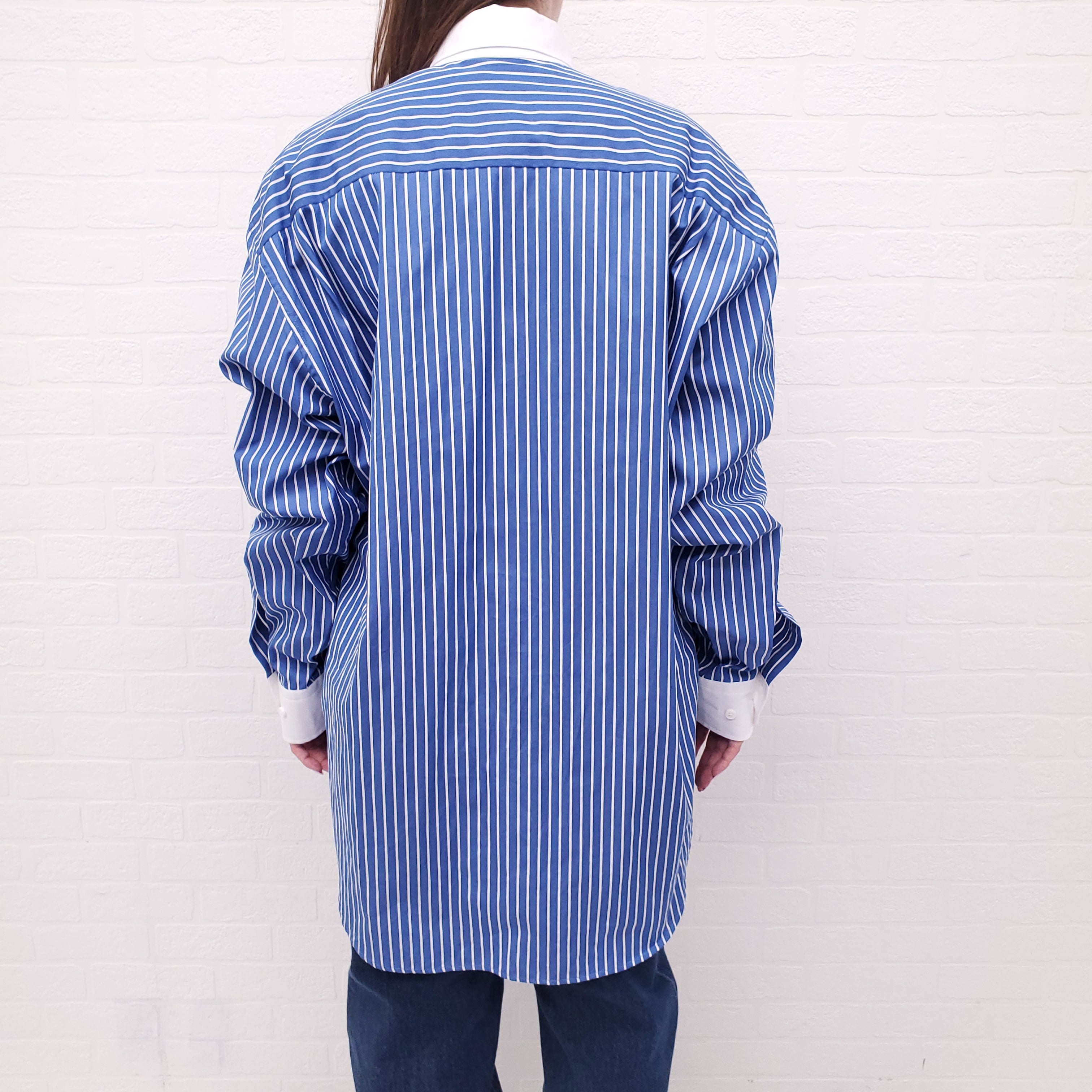 VETEMENTS BLUE STRIPED CRYSTAL LOGO UNISEX OVERSIZED BLOUSE - SIZE XS