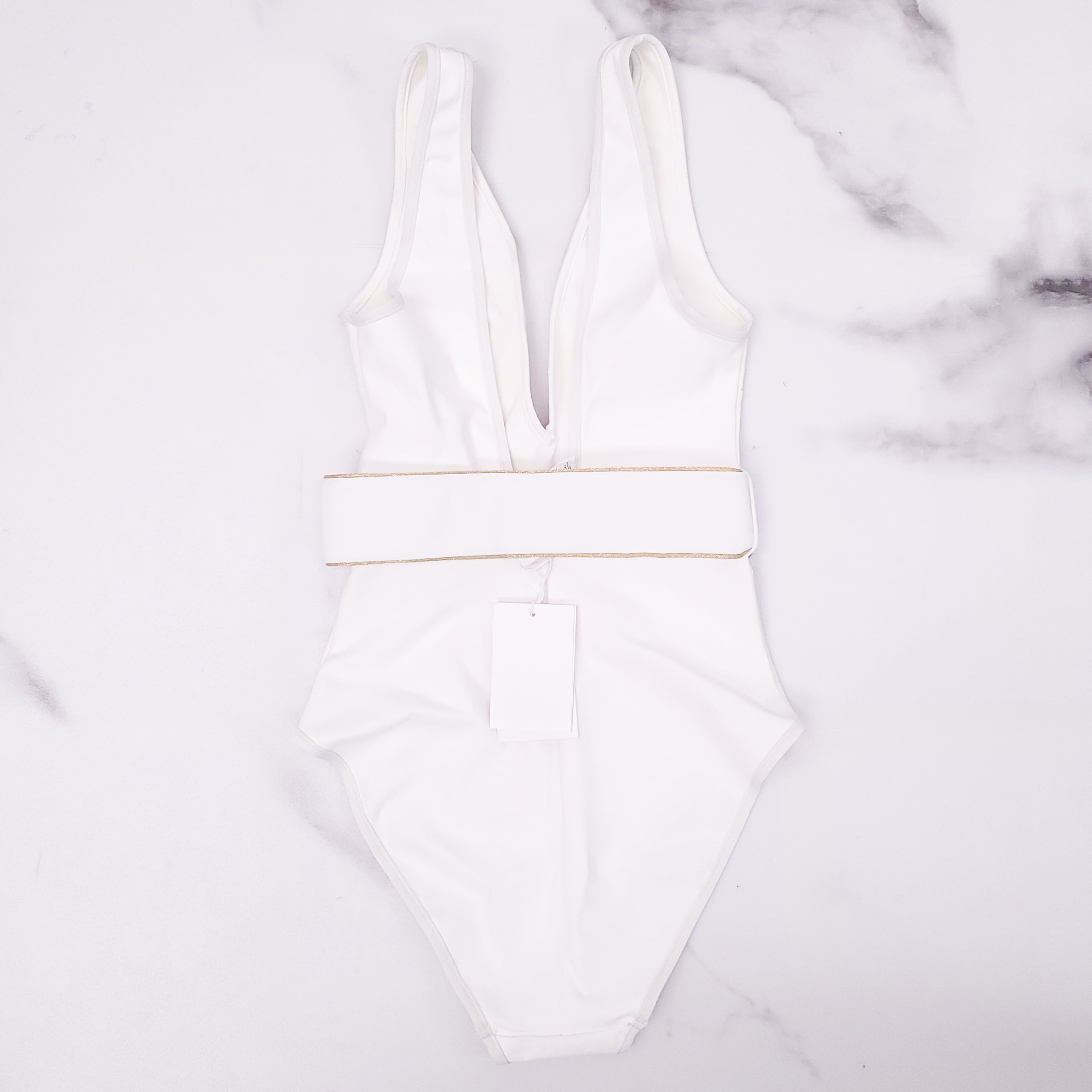 ZIMMERMANN WHITE V-NECK SWIMSUIT WITH GOLD BELT DETAIL - SIZE 0 (US 2-4)