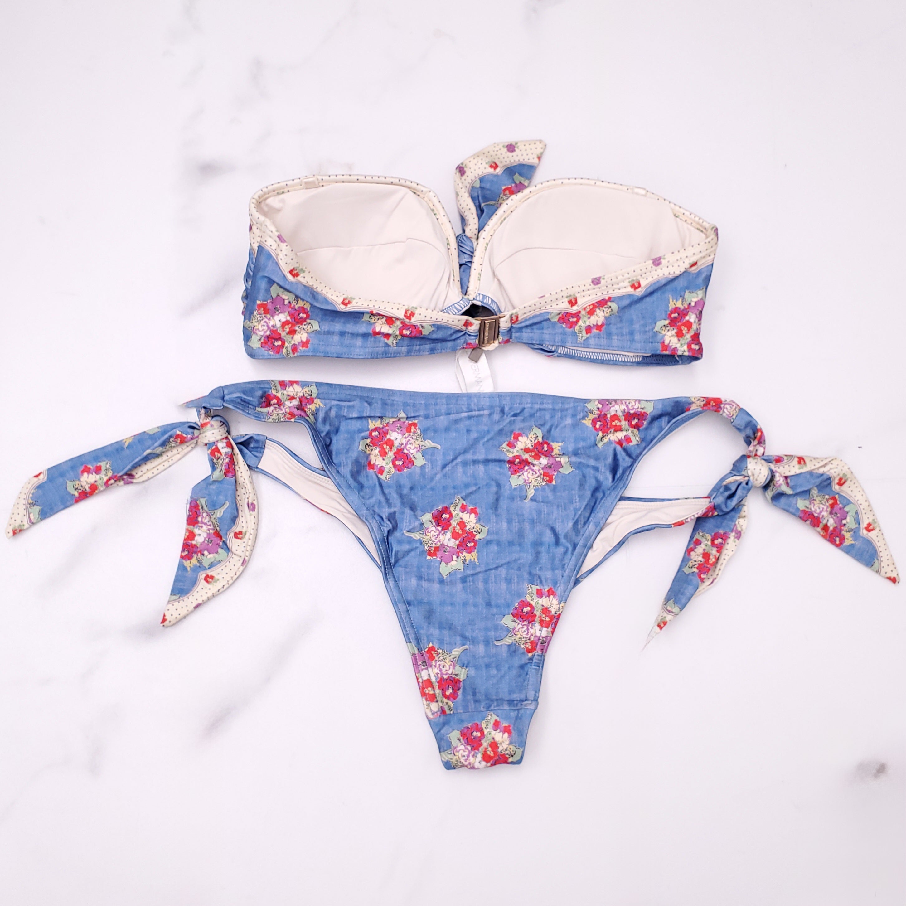 ZIMMERMANN BLUE FLORAL BIKINI WITH TIE DETAILS - SIZE 3 (US 8-10)