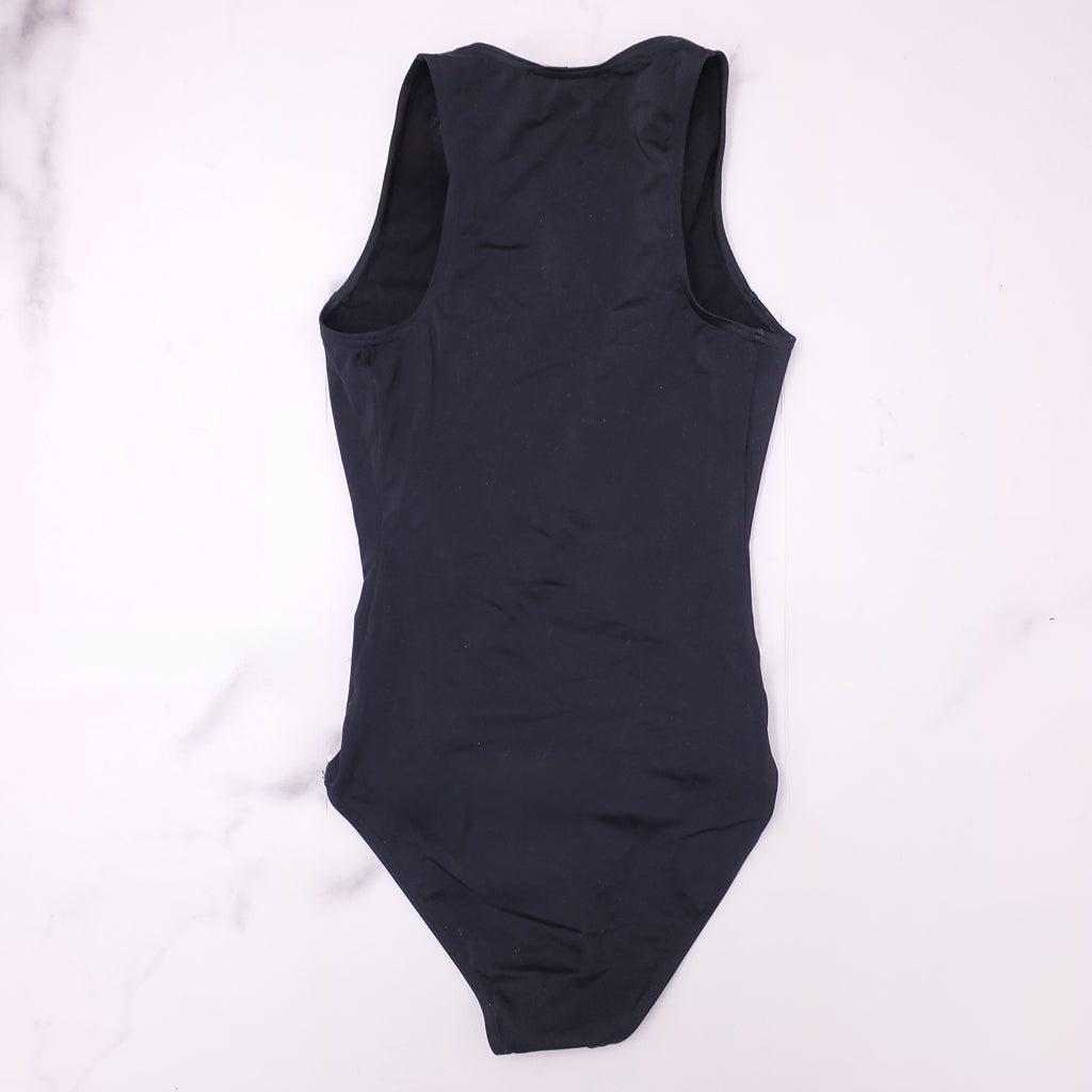 BALMAIN BLACK V-NECK SWIMSUIT WITH GOLD LOGO BUTTONS - SIZE 34