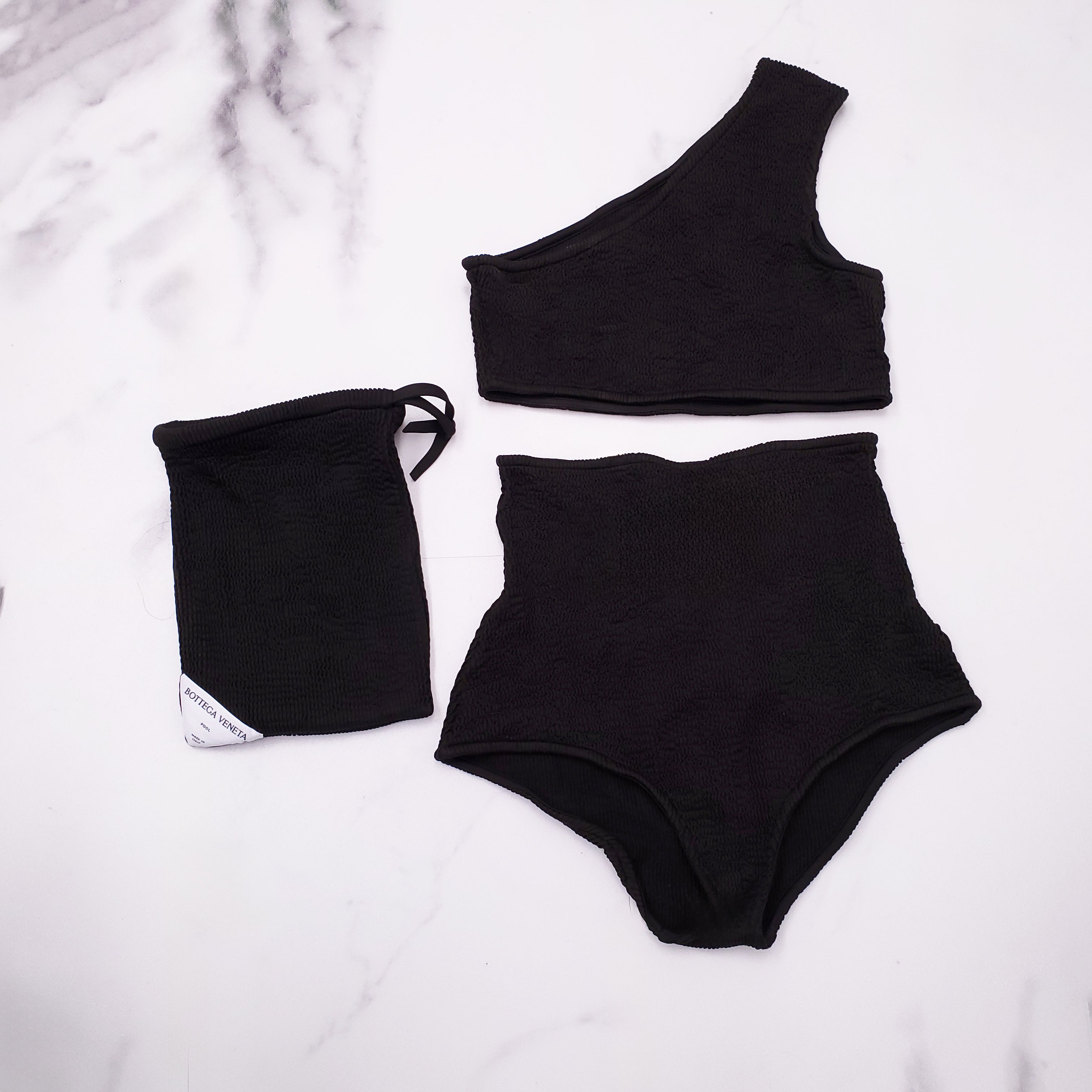 BOTTEGA VENETA BLACK RIBBED STRETCH HIGH WAISTED BIKINI - SIZE 40