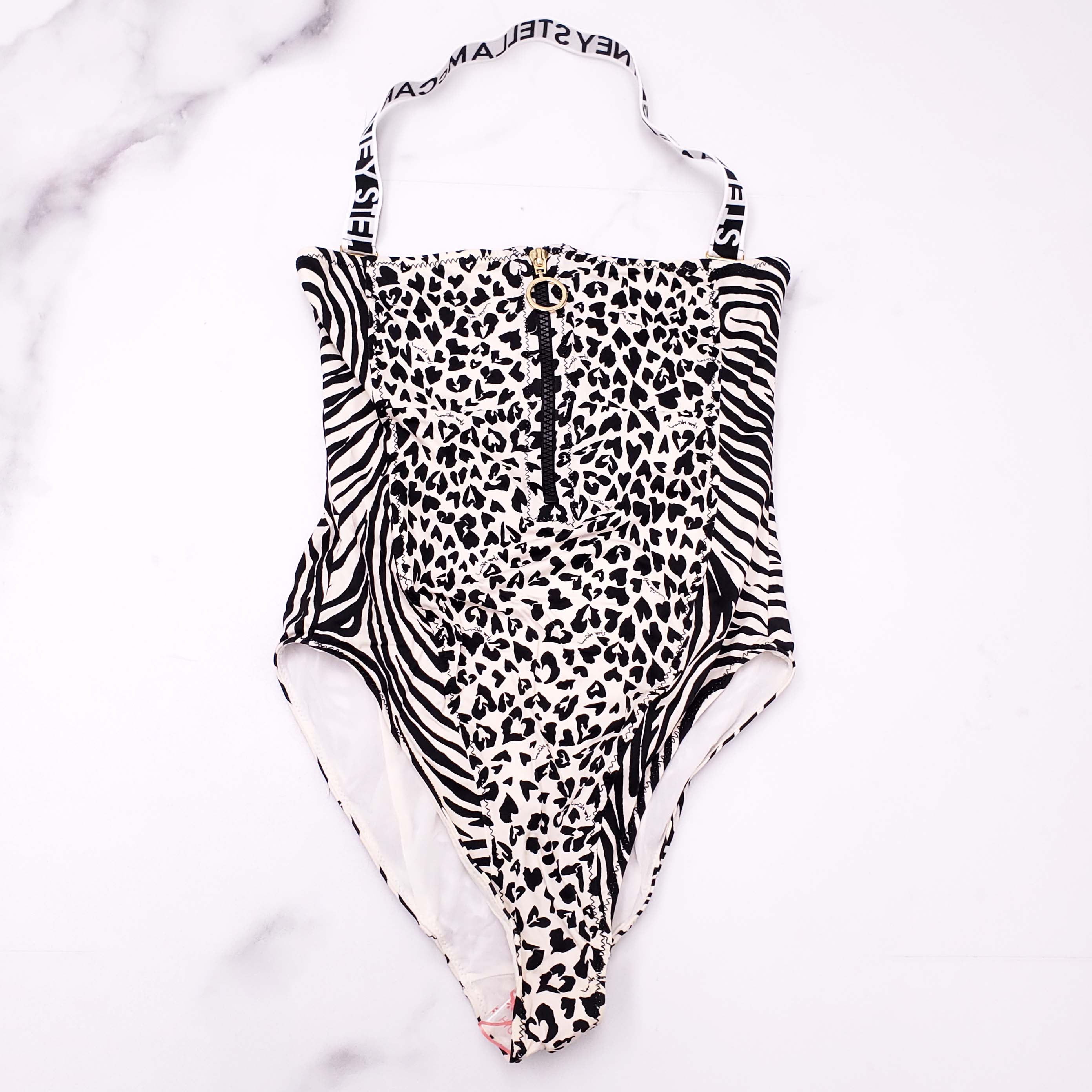 STELLA MCCARTNEY BLACK AND WHITE HEART PATTERNED SWIMSUIT WITH ZIPPER AND LOGO NECKLINE DETAIL - SIZE S