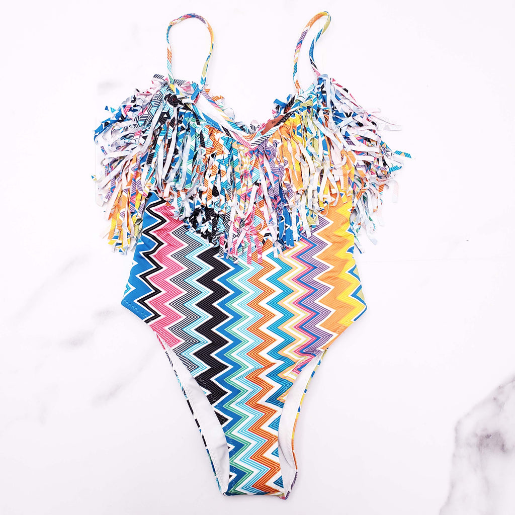 MISSONI MULTICOLOURED STRAPLESS FRILL SWIMSUIT - SIZE 40