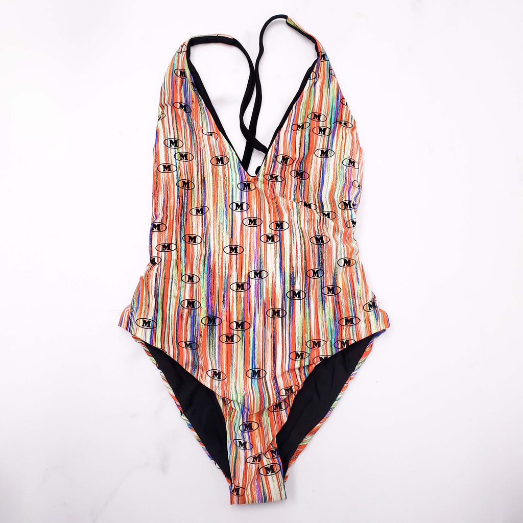 MISSONI MULTICOLOURED LOGO SWIMSUIT WITH OPEN BACK - SIZE 38